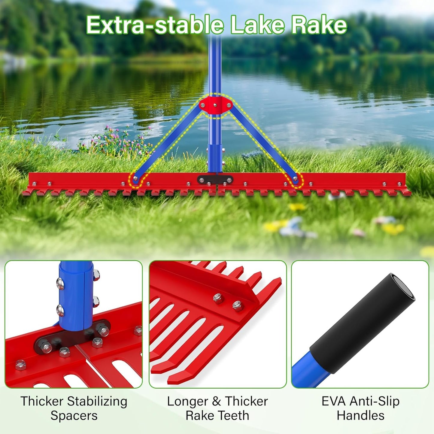 Lake Rake, Pond Rake Aquatic Weed Rakes, Large Heavy Duty Aluminum Aquatic Rakes with 7' Metal Tines