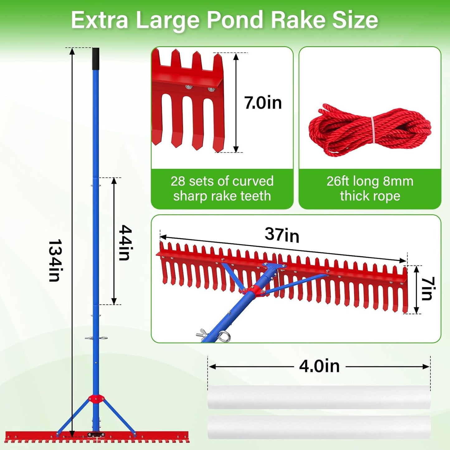 Lake Rake, Pond Rake Aquatic Weed Rakes, Large Heavy Duty Aluminum Aquatic Rakes with 7' Metal Tines