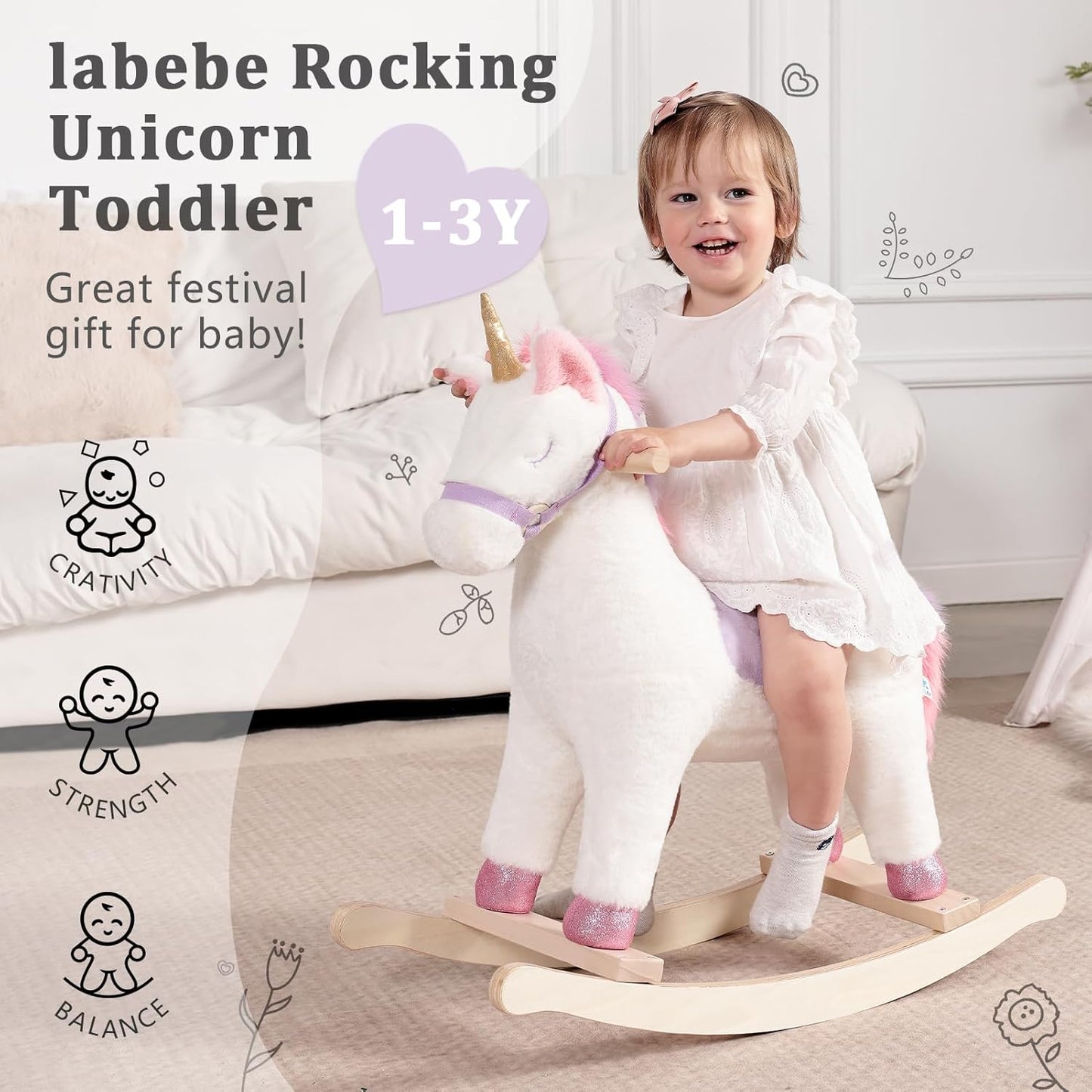 Toddler Rocking Horse, Ride Unicorn, Kid Ride On Toys for 1-3 Year Old, Plush Animal Rocker with Realistic Sounds