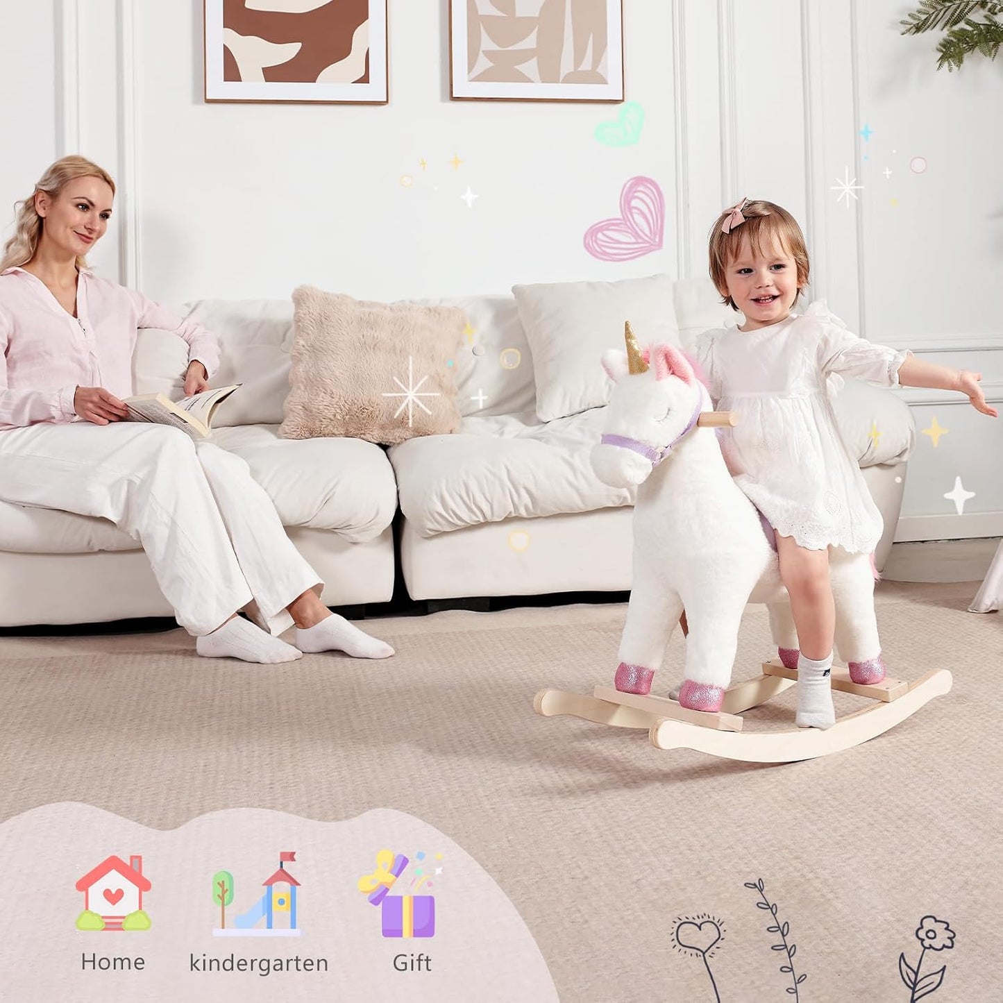Toddler Rocking Horse, Ride Unicorn, Kid Ride On Toys for 1-3 Year Old, Plush Animal Rocker with Realistic Sounds