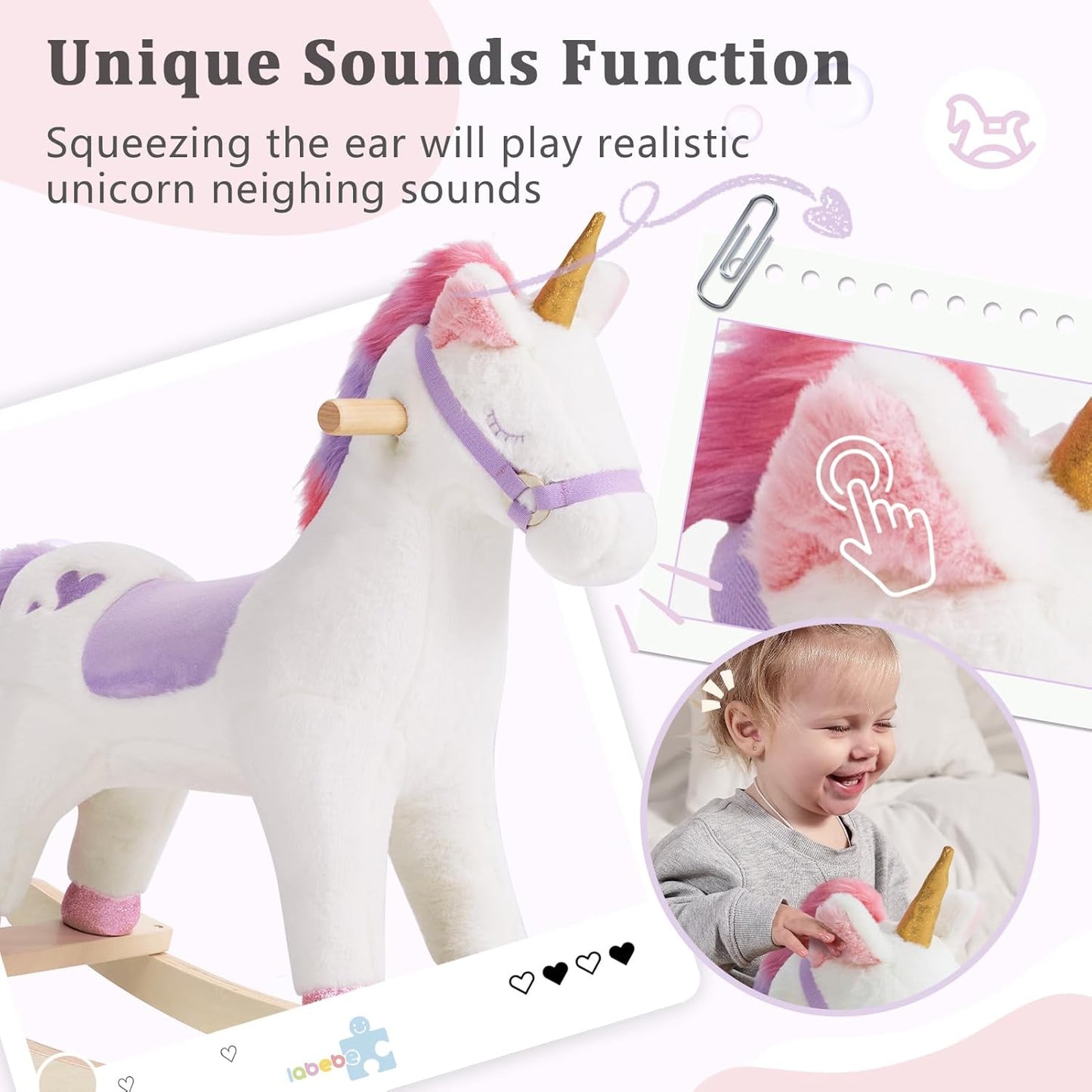 Toddler Rocking Horse, Ride Unicorn, Kid Ride On Toys for 1-3 Year Old, Plush Animal Rocker with Realistic Sounds
