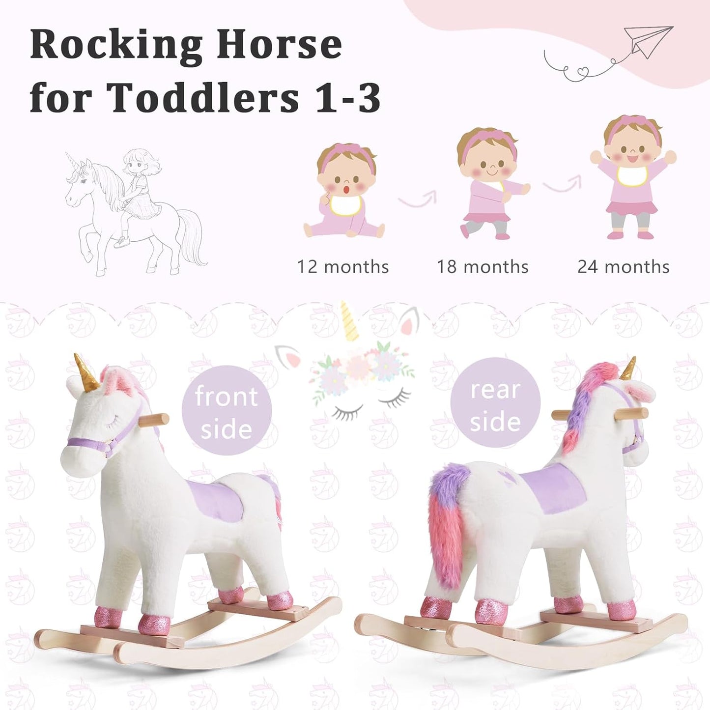 Toddler Rocking Horse, Ride Unicorn, Kid Ride On Toys for 1-3 Year Old, Plush Animal Rocker with Realistic Sounds
