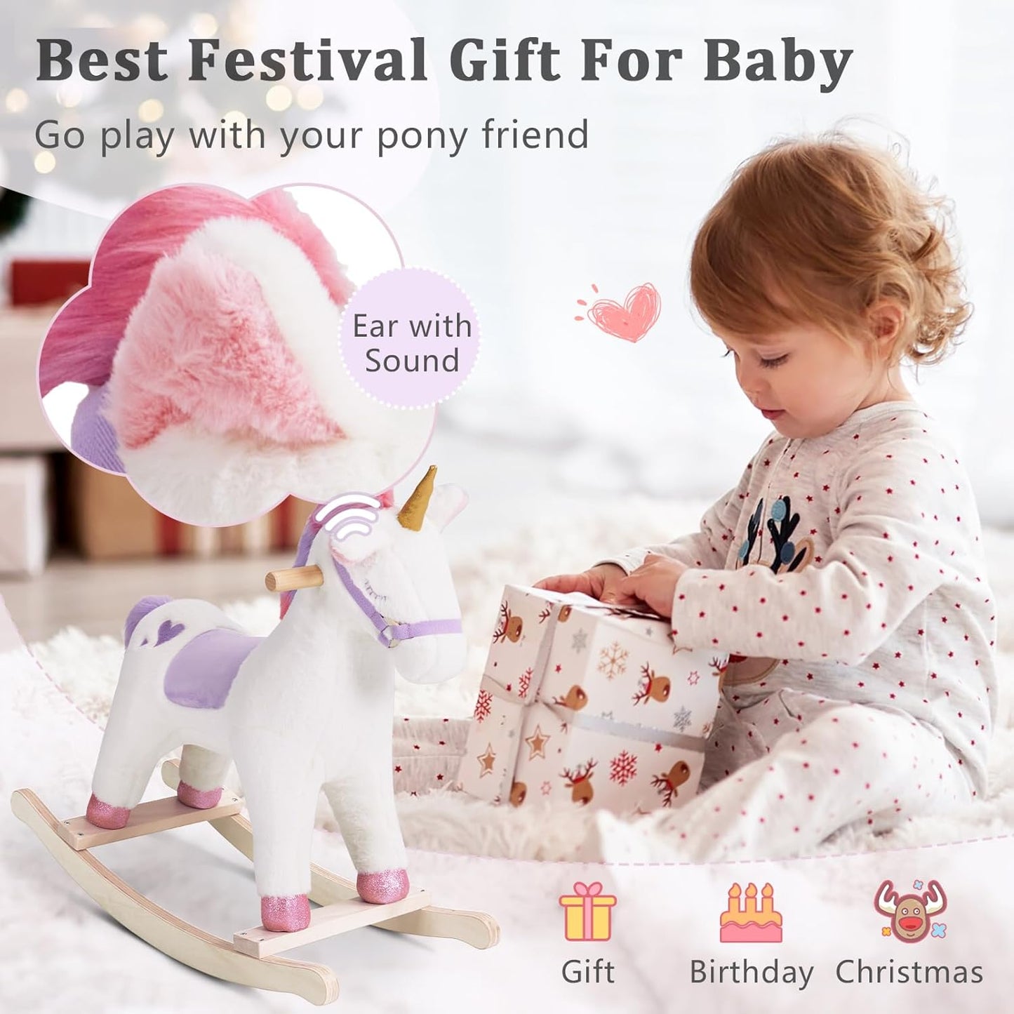 Toddler Rocking Horse, Ride Unicorn, Kid Ride On Toys for 1-3 Year Old, Plush Animal Rocker with Realistic Sounds