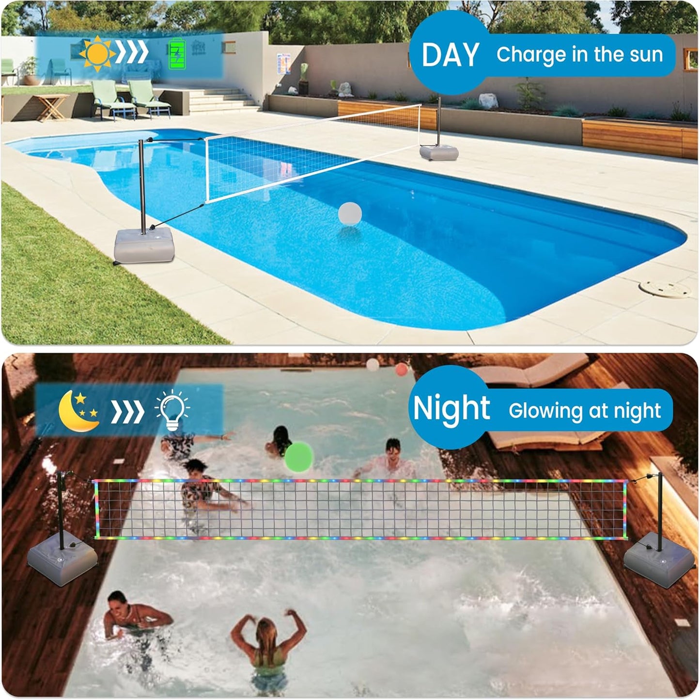 Pool Volleyball Net with Lights, Portable Volleyball Set for Outdoor Pools, Adjustable Length 15-41 Feet