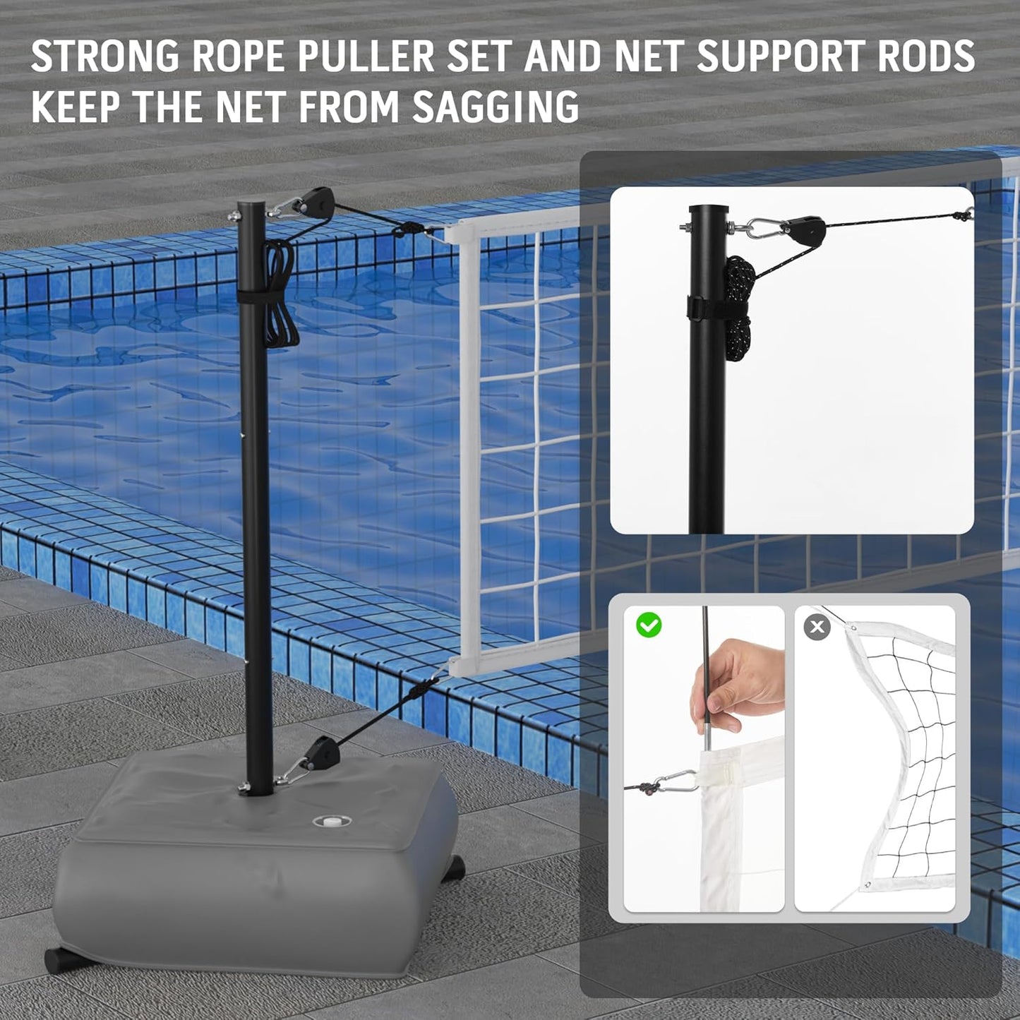 Pool Volleyball Net with Lights, Portable Volleyball Set for Outdoor Pools, Adjustable Length 15-41 Feet