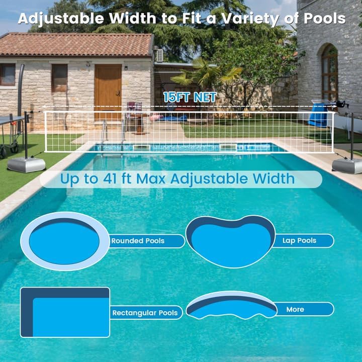 Pool Volleyball Net with Lights, Portable Volleyball Set for Outdoor Pools, Adjustable Length 15-41 Feet