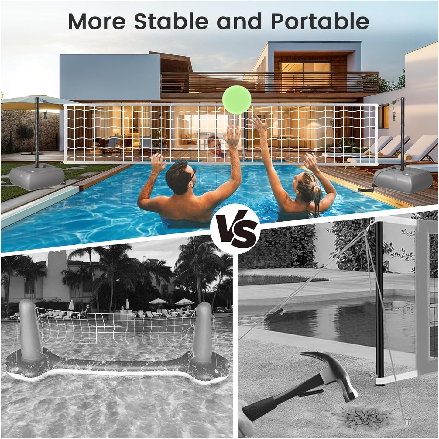 Pool Volleyball Net with Lights, Portable Volleyball Set for Outdoor Pools, Adjustable Length 15-41 Feet