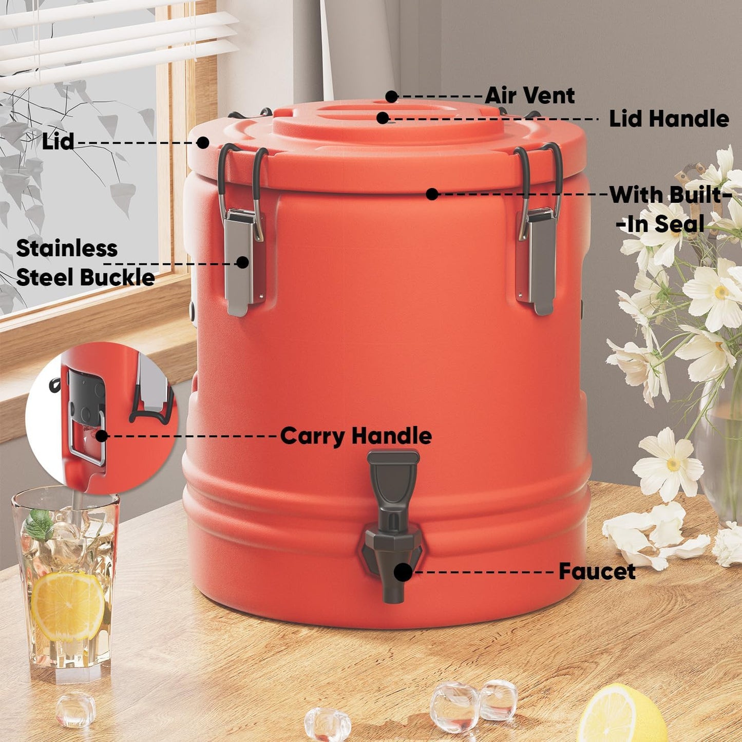 Insulated Beverage Dispenser - 5.3 Gallons, 304 Stainless Steel Insulated Soup Carrier Hot and Cold Insulated Bucket