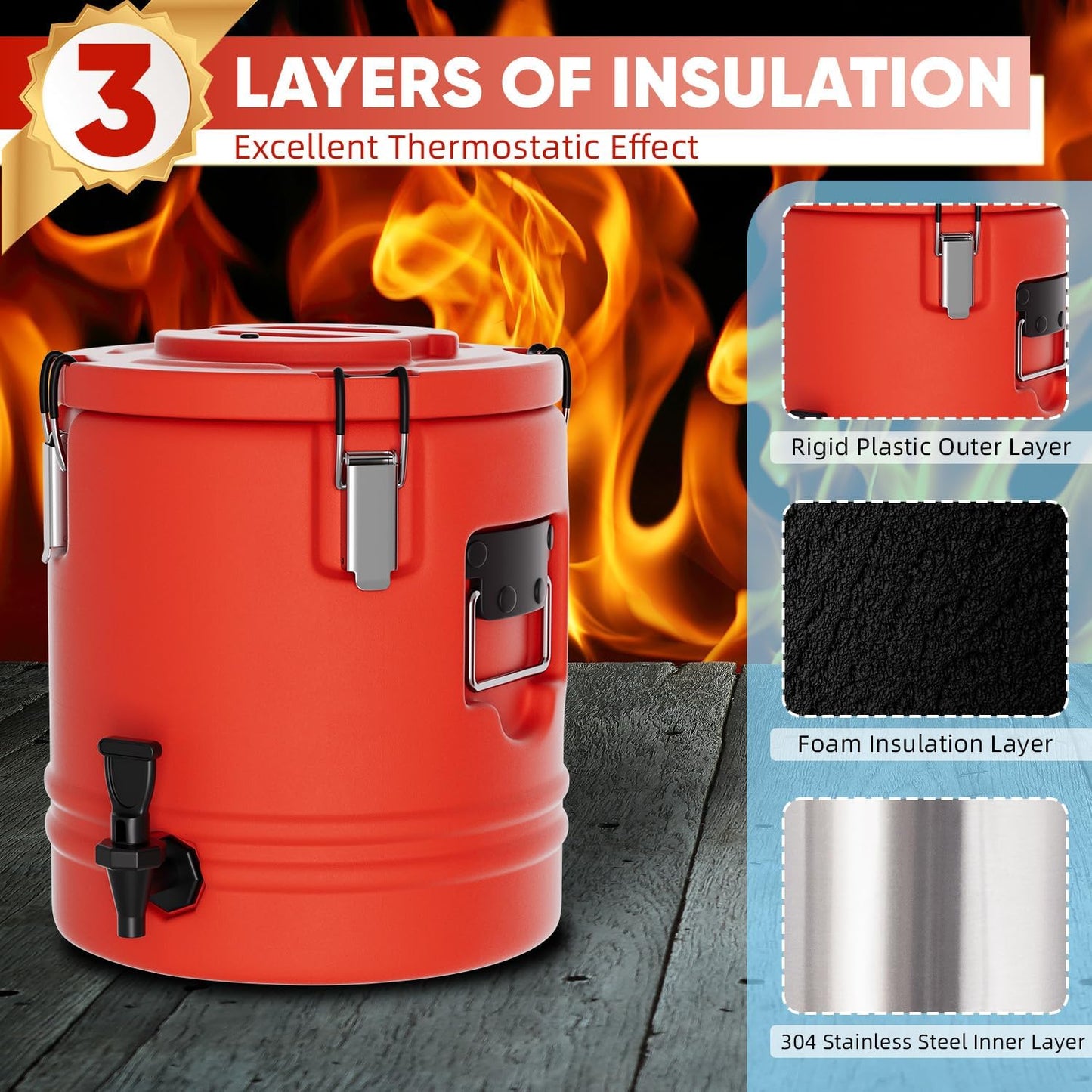 Insulated Beverage Dispenser - 5.3 Gallons, 304 Stainless Steel Insulated Soup Carrier Hot and Cold Insulated Bucket