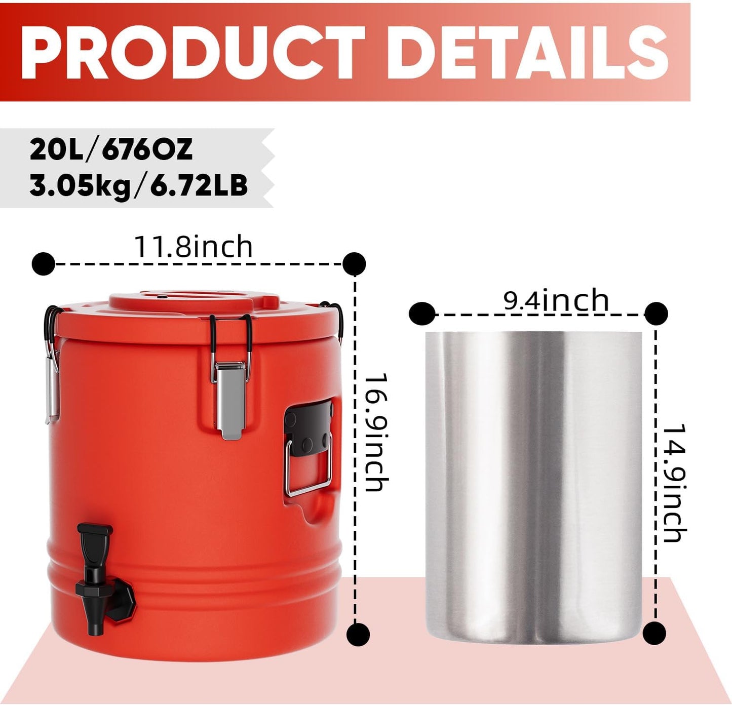 Insulated Beverage Dispenser - 5.3 Gallons, 304 Stainless Steel Insulated Soup Carrier Hot and Cold Insulated Bucket