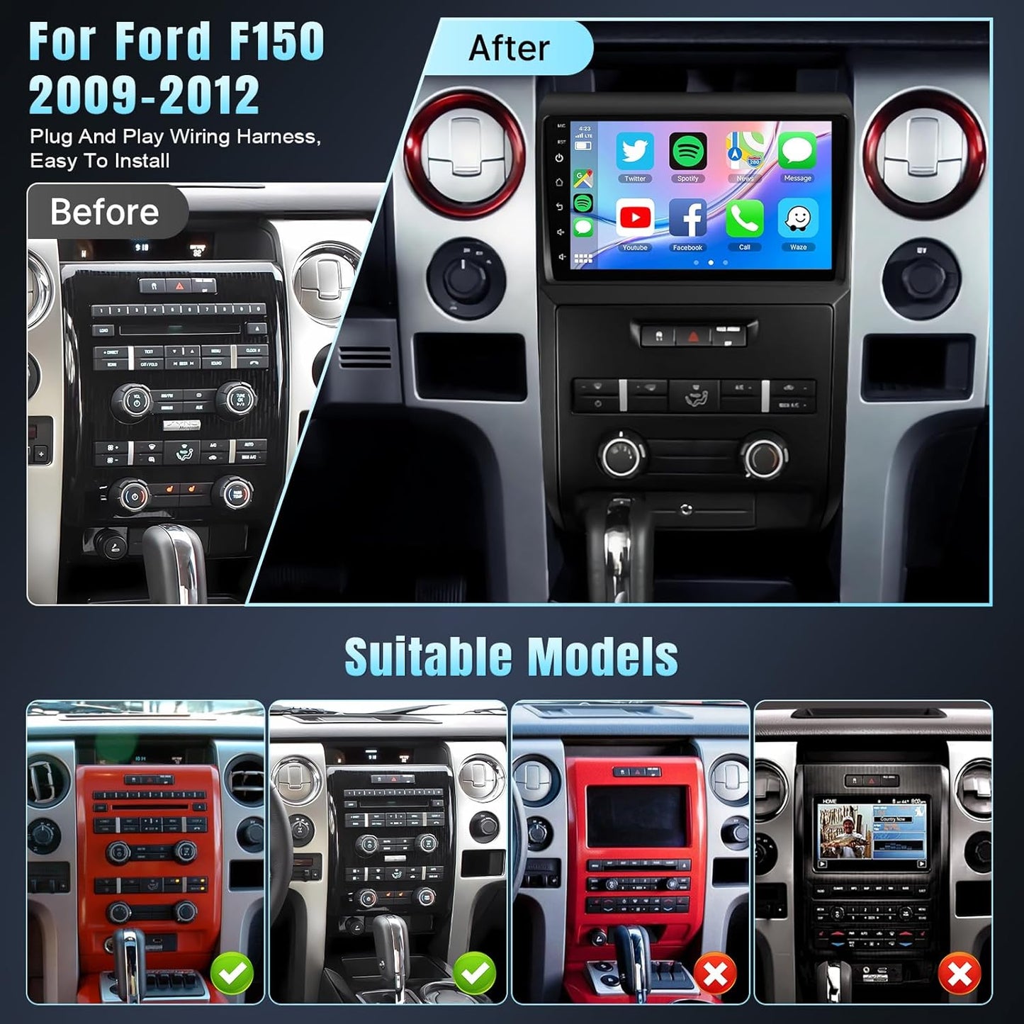 Car Radio for Ford F150 2009-12,F150 CarPlay, Android Auto 9 Inch Stereo with Bluetooth GPS Navigation WiFi Backup