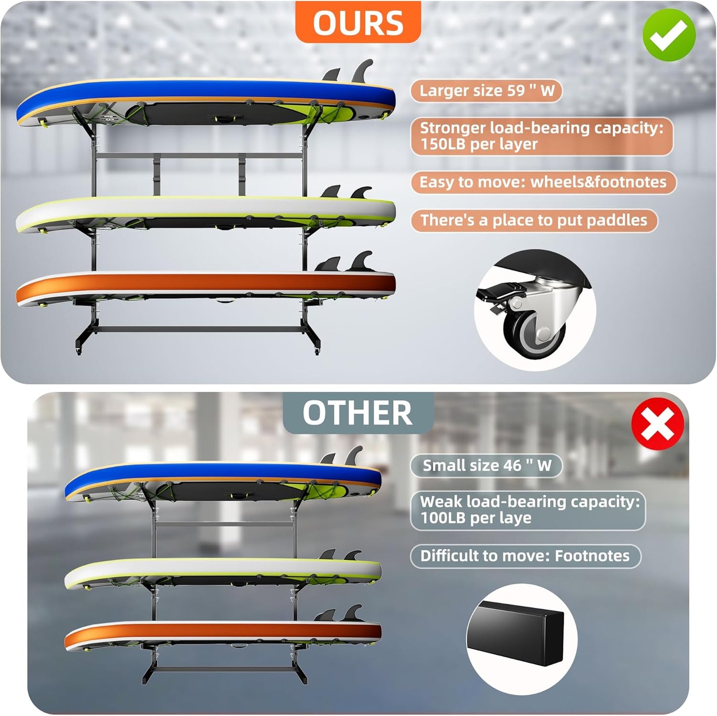 Kayak Storage Rack, Freestanding with Wheels, Heavy Duty, Adjustable Canoes and Surfboards Bracket