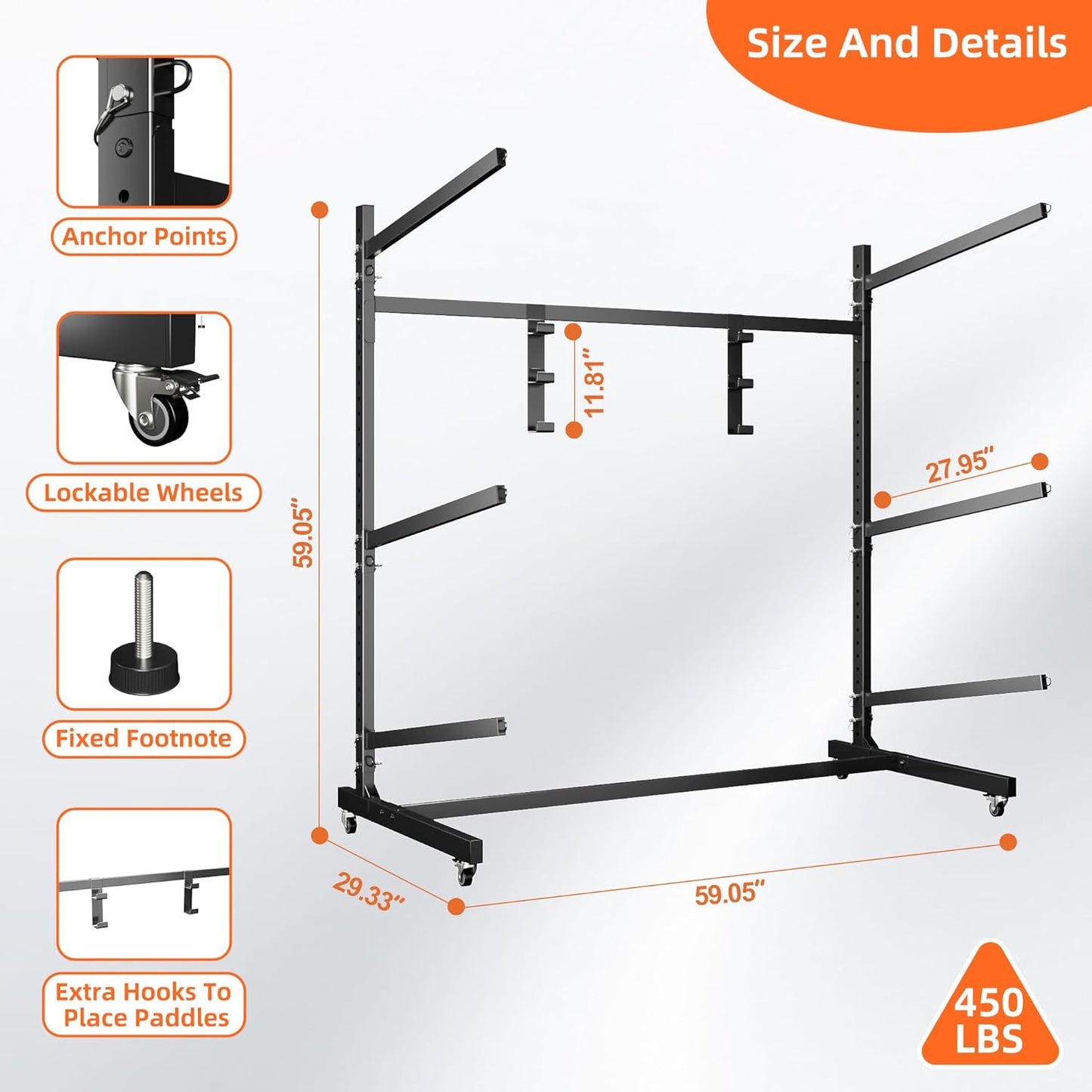 Kayak Storage Rack, Freestanding with Wheels, Heavy Duty, Adjustable Canoes and Surfboards Bracket