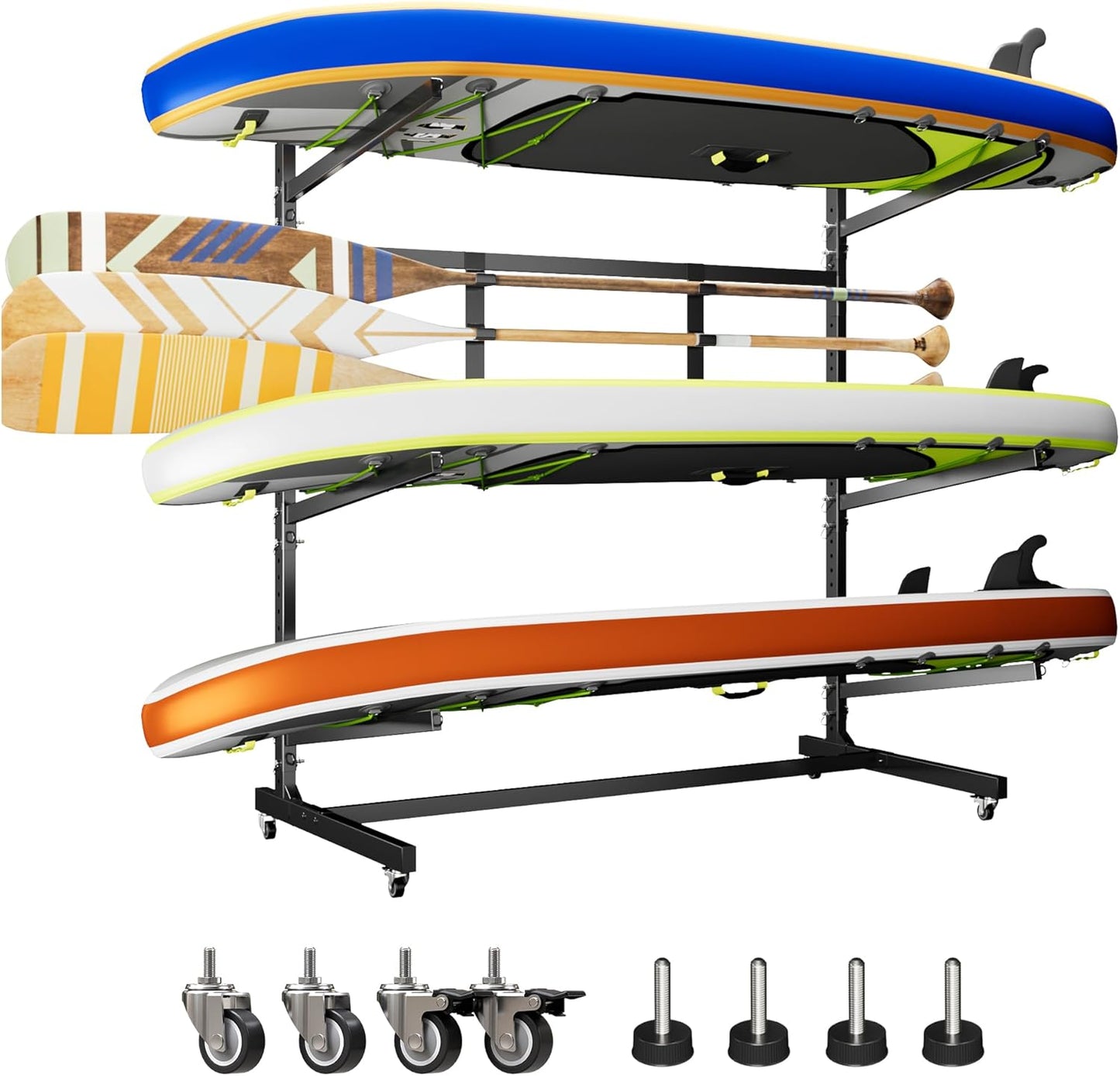 Kayak Storage Rack, Freestanding with Wheels, Heavy Duty, Adjustable Canoes and Surfboards Bracket