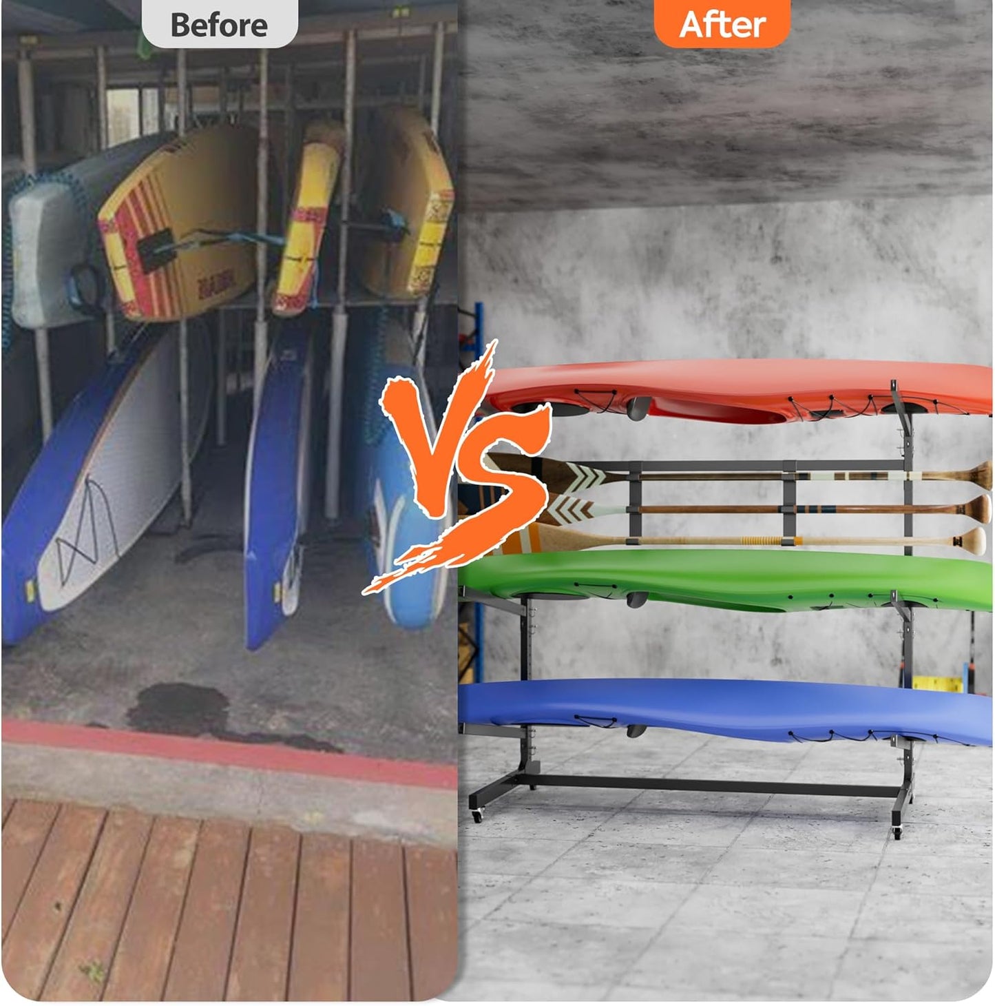 Kayak Storage Rack, Freestanding with Wheels, Heavy Duty, Adjustable Canoes and Surfboards Bracket