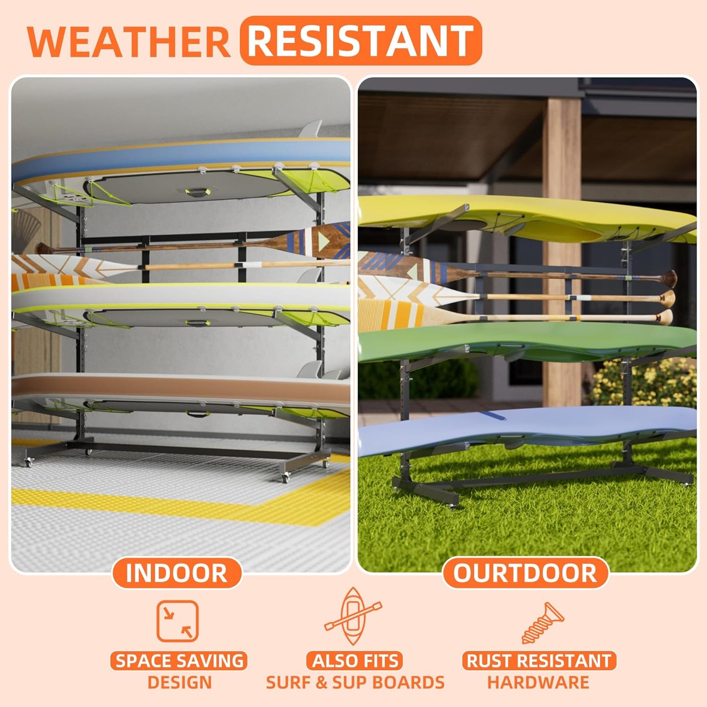 Kayak Storage Rack, Freestanding with Wheels, Heavy Duty, Adjustable Canoes and Surfboards Bracket
