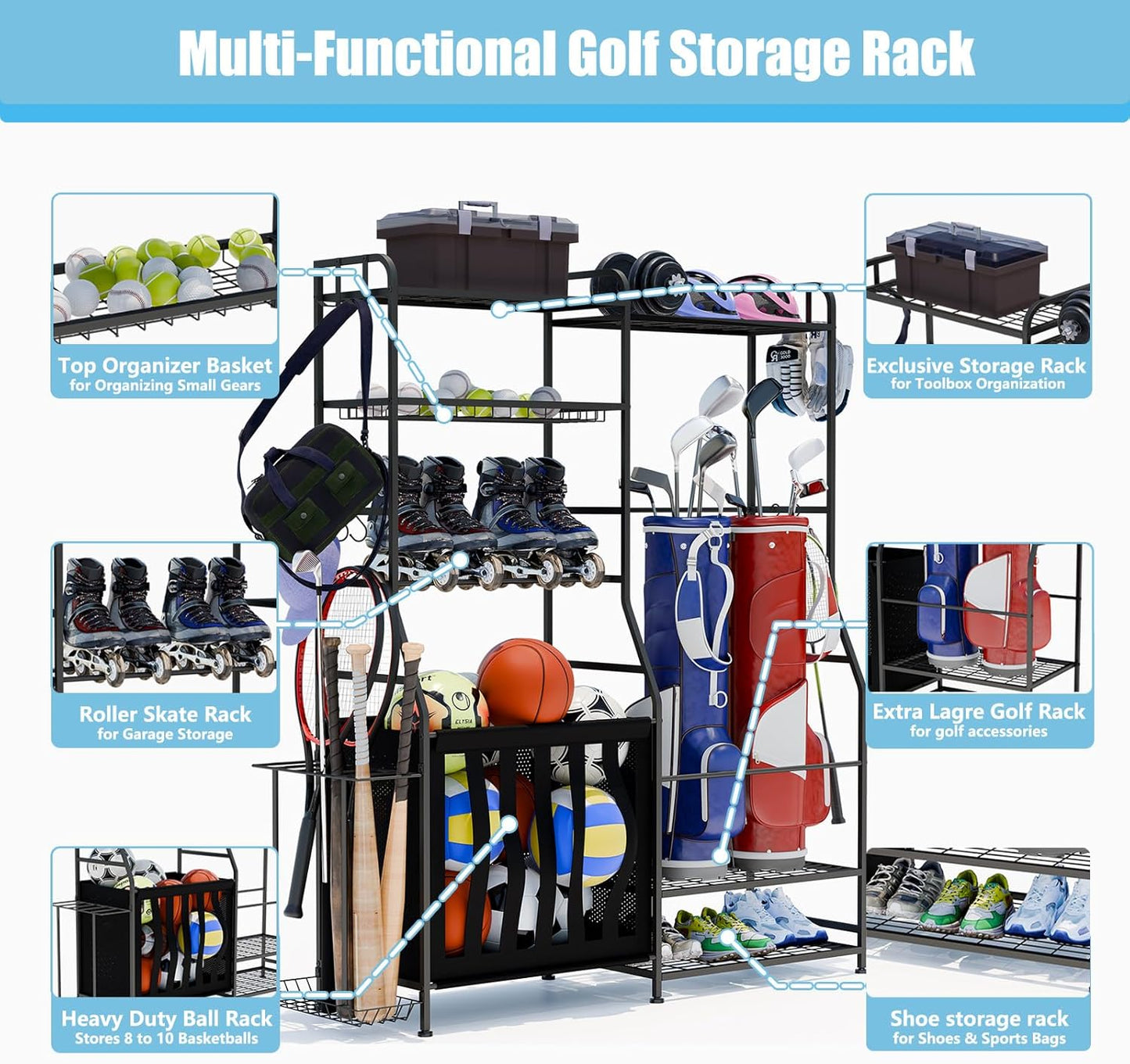 Sports Equipment Organizer, Garage Ball Storage Rack, Free Standing Golf Bag Stand with Basket, Hooks, Indoor/Outdoor