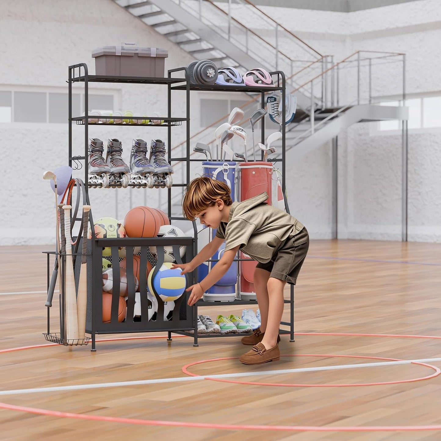 Sports Equipment Organizer, Garage Ball Storage Rack, Free Standing Golf Bag Stand with Basket, Hooks, Indoor/Outdoor