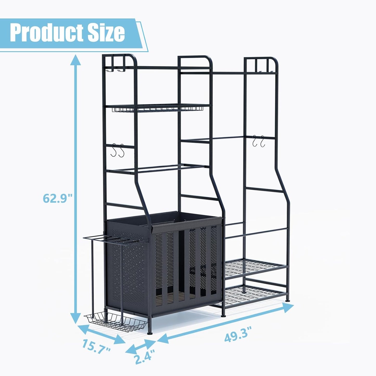 Sports Equipment Organizer, Garage Ball Storage Rack, Free Standing Golf Bag Stand with Basket, Hooks, Indoor/Outdoor