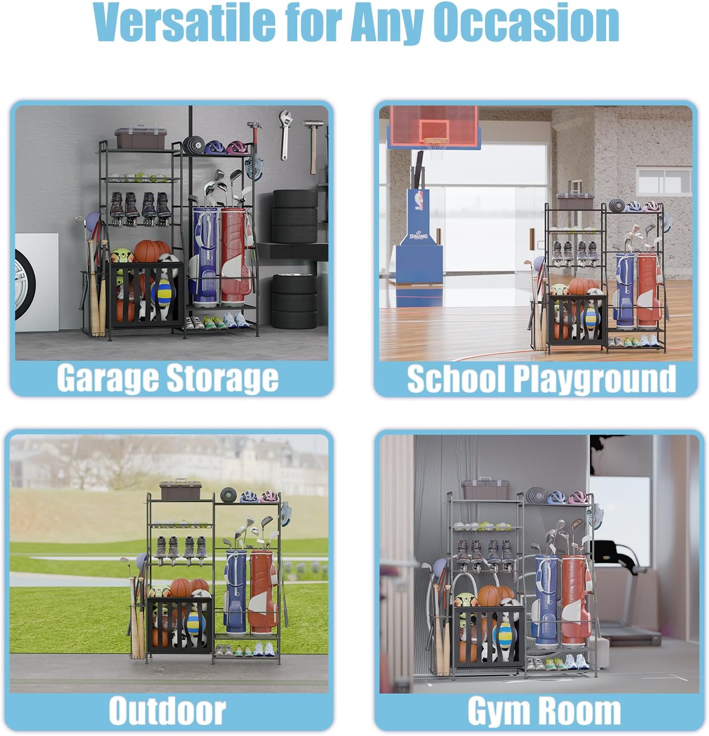 Sports Equipment Organizer, Garage Ball Storage Rack, Free Standing Golf Bag Stand with Basket, Hooks, Indoor/Outdoor
