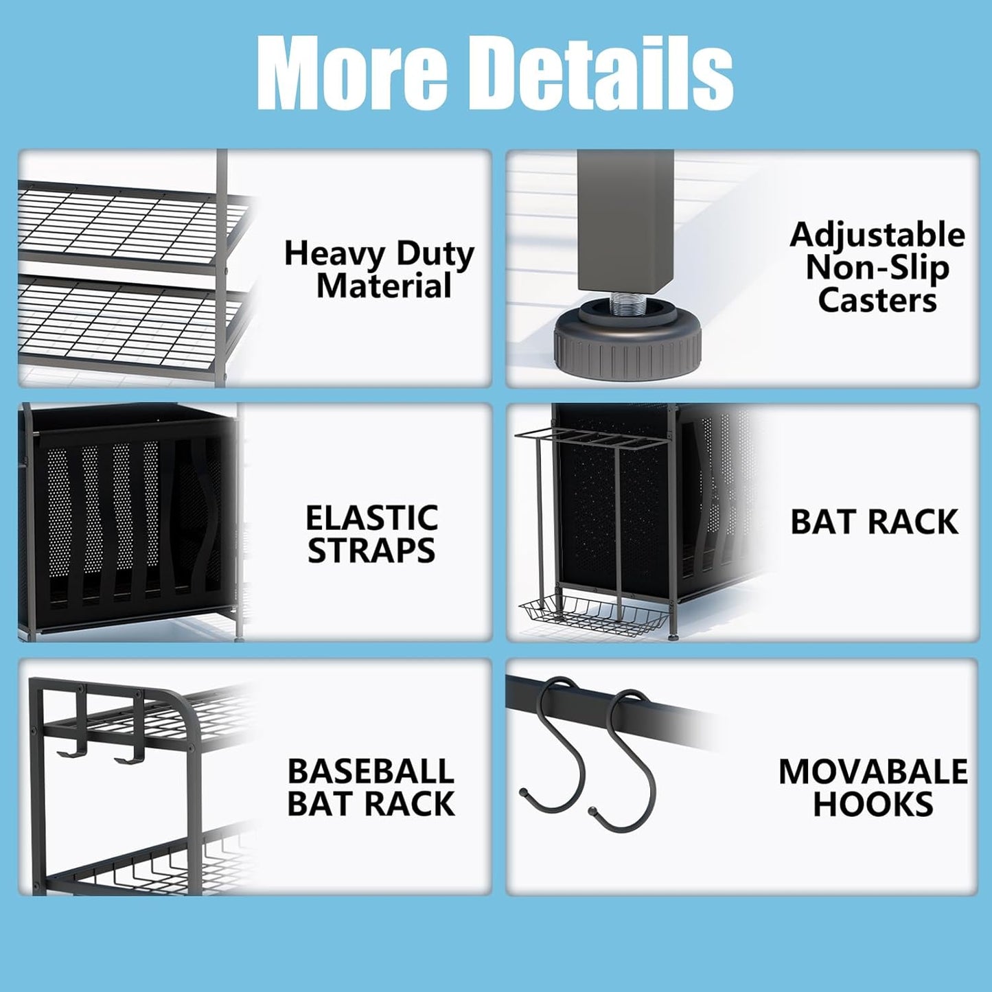Sports Equipment Organizer, Garage Ball Storage Rack, Free Standing Golf Bag Stand with Basket, Hooks, Indoor/Outdoor