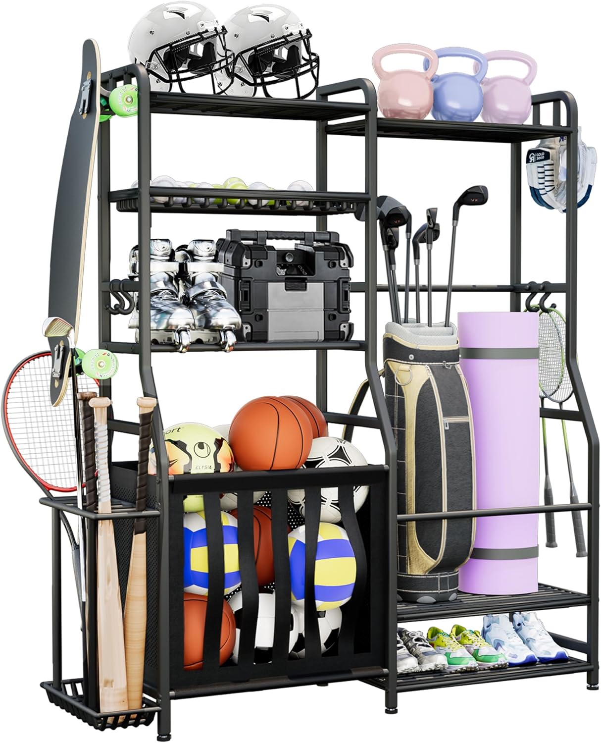 Sports Equipment Organizer, Garage Ball Storage Rack, Free Standing Golf Bag Stand with Basket, Hooks, Indoor/Outdoor