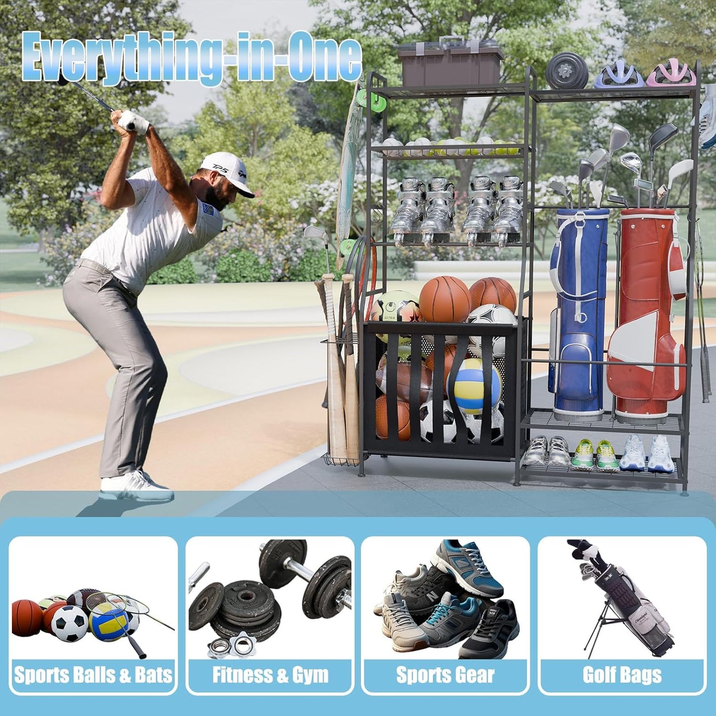 Sports Equipment Organizer, Garage Ball Storage Rack, Free Standing Golf Bag Stand with Basket, Hooks, Indoor/Outdoor