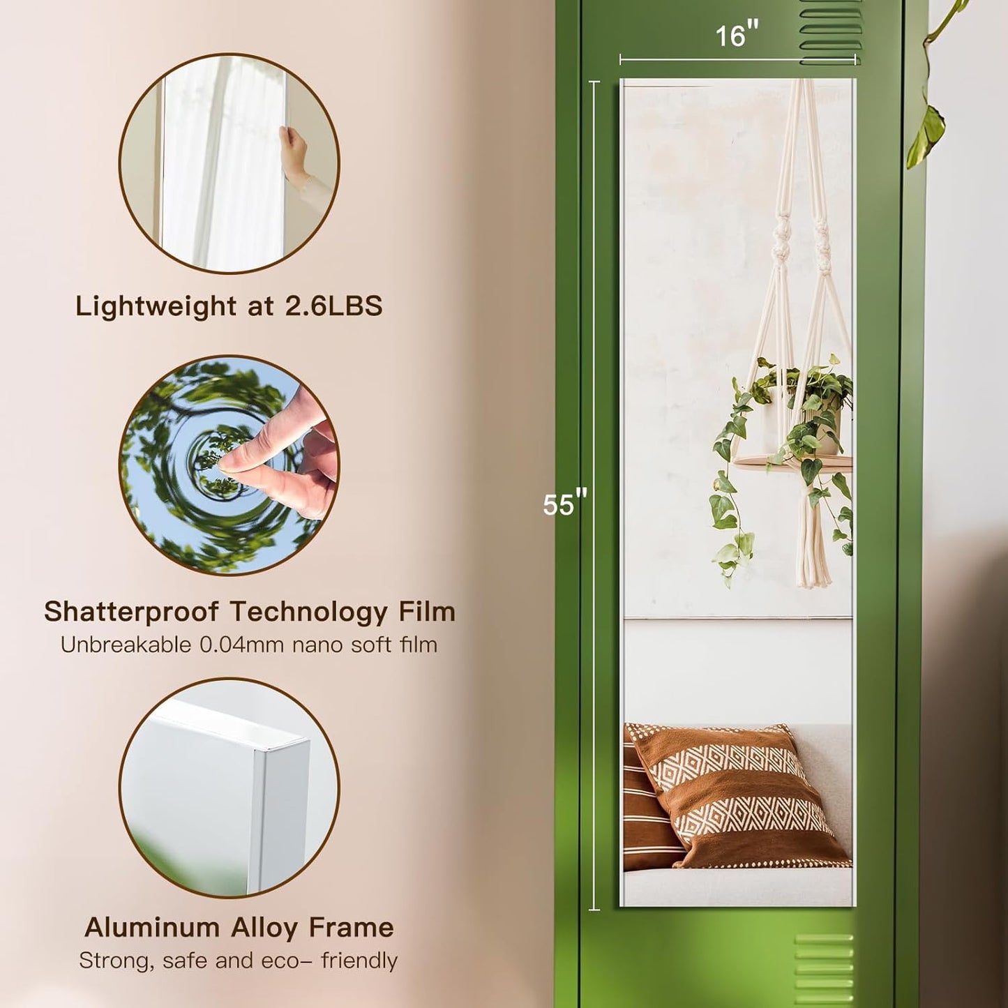 55'x16' Magnetic Mirror Lightweight Full-Length Mirror, Strong Adhesion, Easy Installation, Suitable for Refrigerator