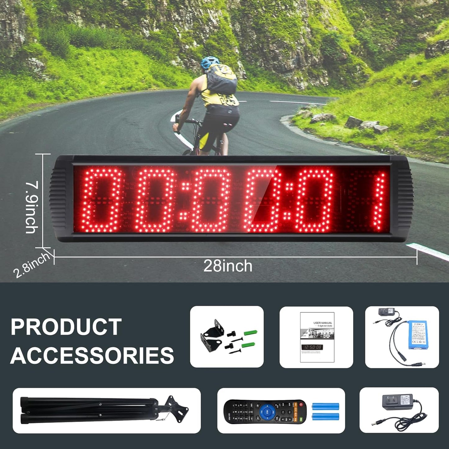 Portable Countdown/up Digital Race Timer, 12/24-Hour Clock,LED Stopwatch by Remote Control 5' High, 6 Digits