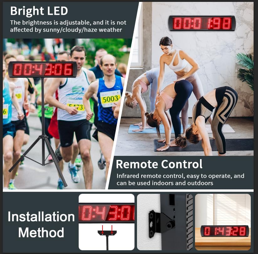 Portable Countdown/up Digital Race Timer, 12/24-Hour Clock,LED Stopwatch by Remote Control 5' High, 6 Digits