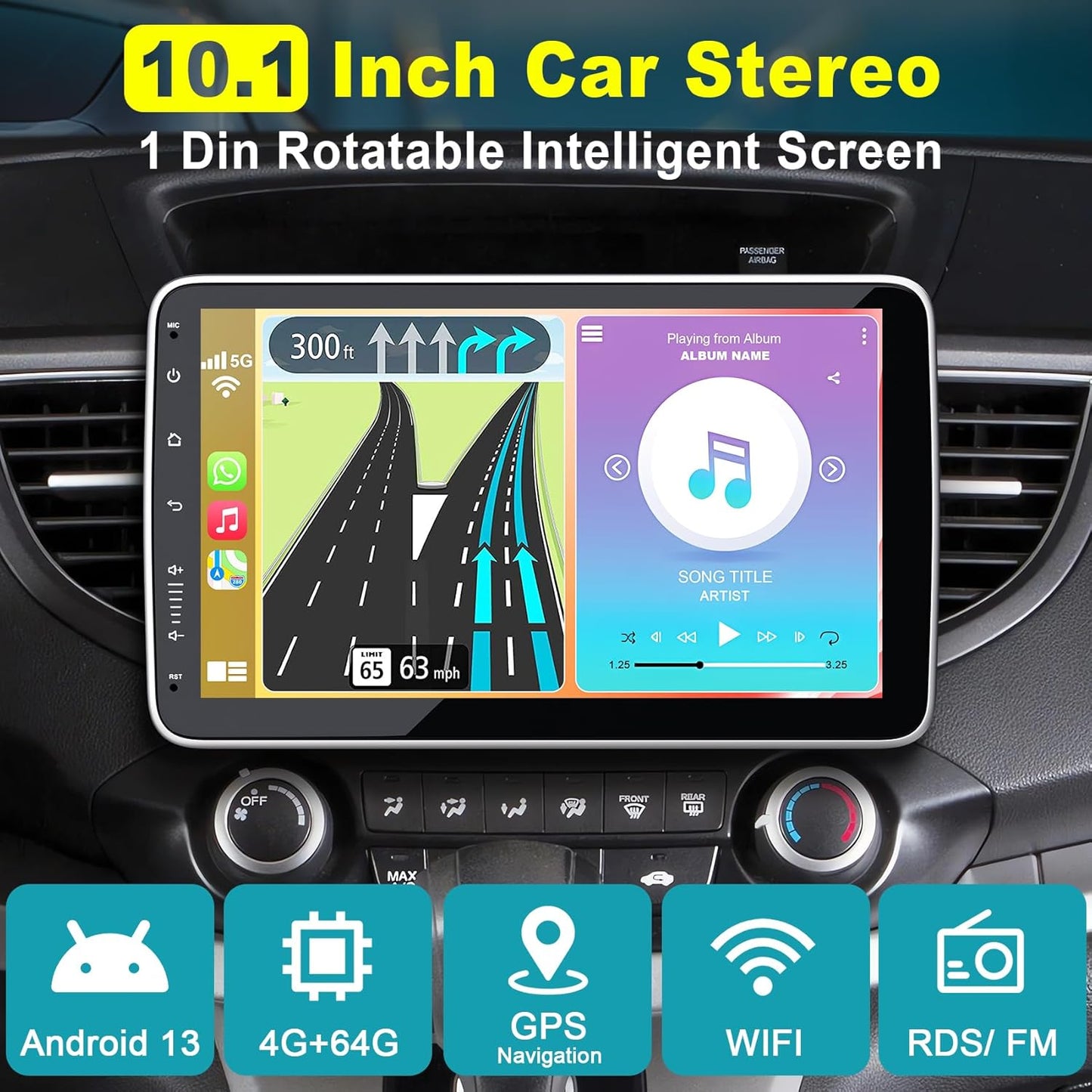 10 Inch Single Din Car Stereo Wireless CarPlay Android Auto Rotatable Touchscreen, Bluetooth. FM GPS Navigation WiFi