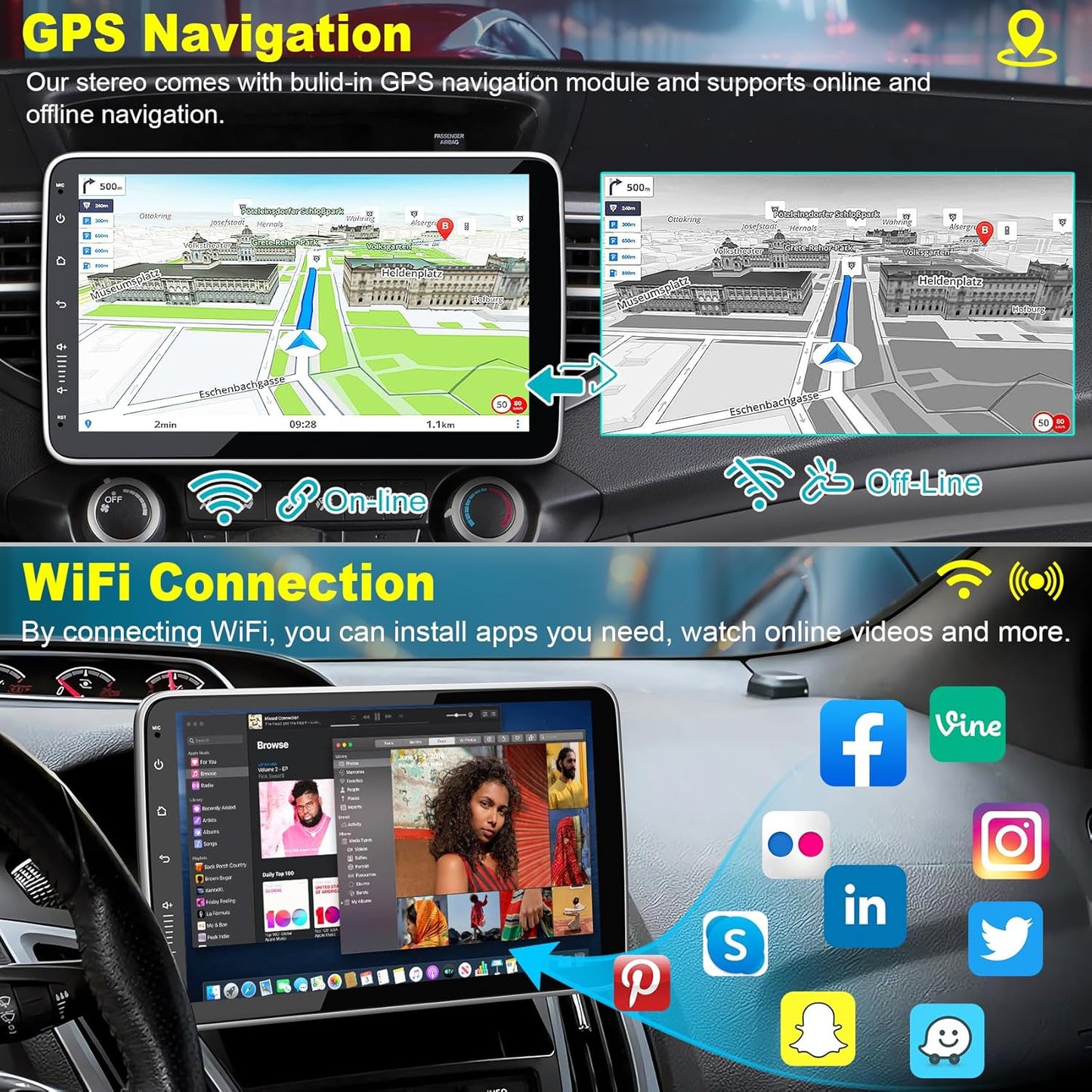 10 Inch Single Din Car Stereo Wireless CarPlay Android Auto Rotatable Touchscreen, Bluetooth. FM GPS Navigation WiFi