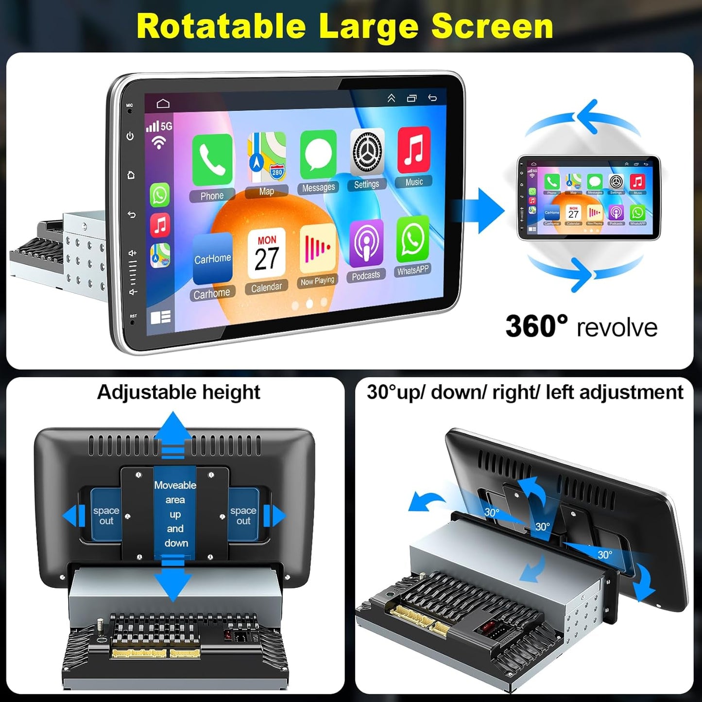 10 Inch Single Din Car Stereo Wireless CarPlay Android Auto Rotatable Touchscreen, Bluetooth. FM GPS Navigation WiFi
