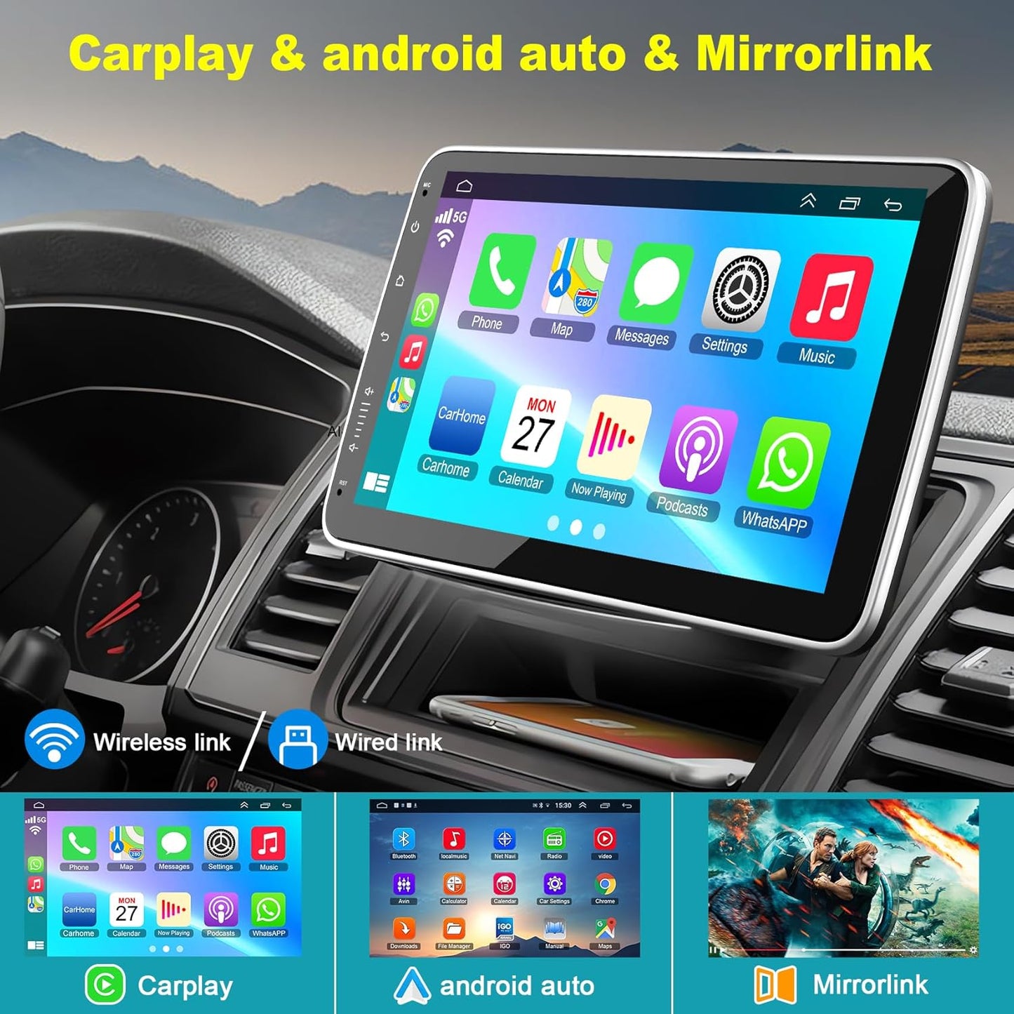 10 Inch Single Din Car Stereo Wireless CarPlay Android Auto Rotatable Touchscreen, Bluetooth. FM GPS Navigation WiFi