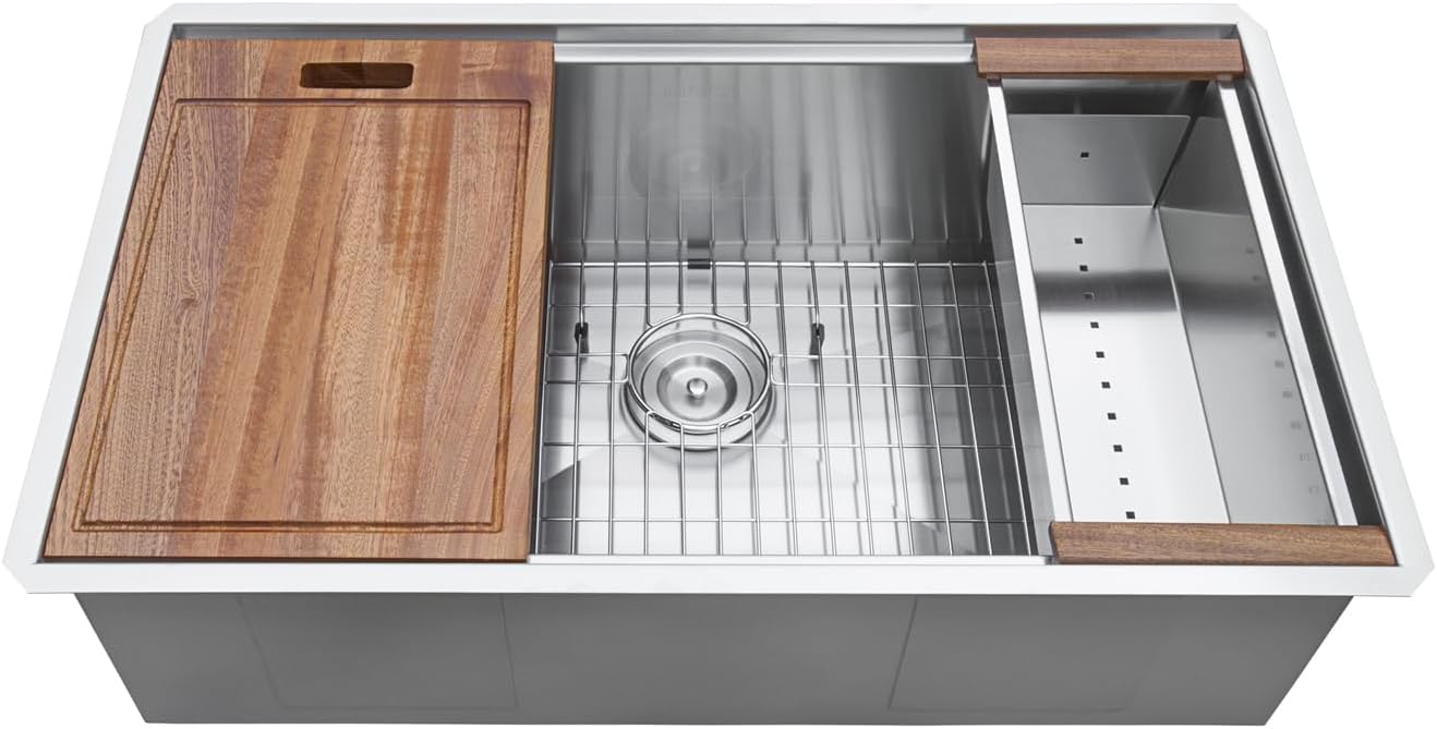 33-inch Undermount Rounded Corner Workstation Kitchen Sink Single Bowl, 16 Gauge Stainless Steel Kitchen Sinks