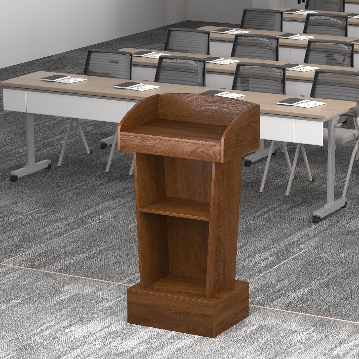 Wooden Podium Stand Lectern Walnut Color 16MM Wood Board Elegant Design with Storage