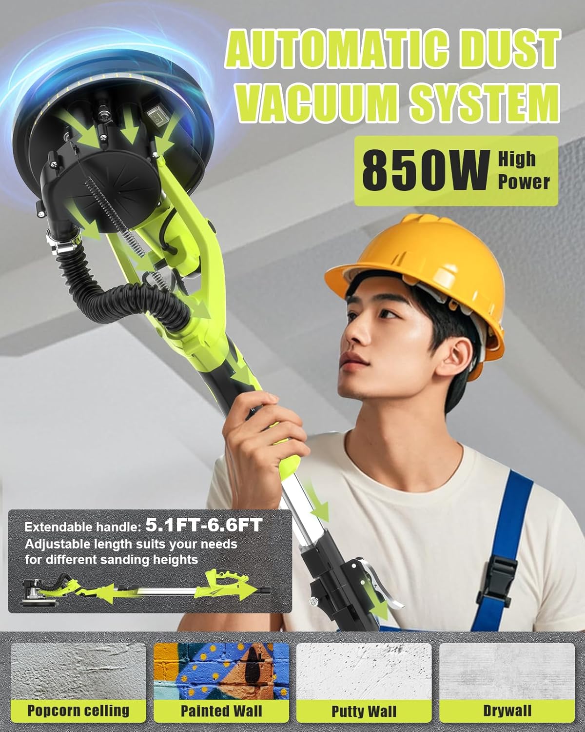 Drywall Sander with Vacuum Dust Collector, 12A Electric Popcorn Ceiling Removal Tool, 5 Variable Speed