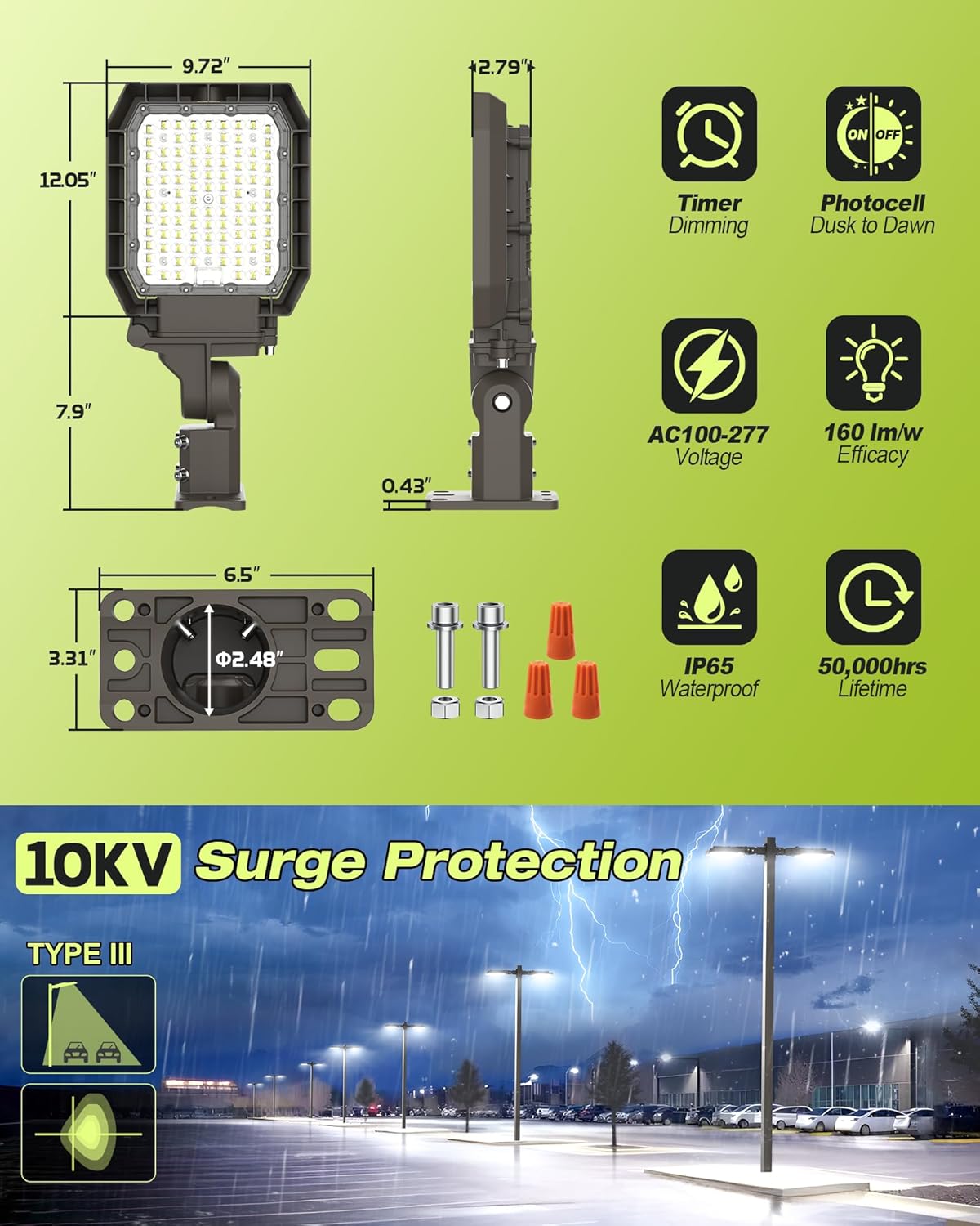 LED Parking Lot Light 200W 180W 150W & 3 CCT 4000K 5000K 5700K Switchable, Timer Dimming & Photocell