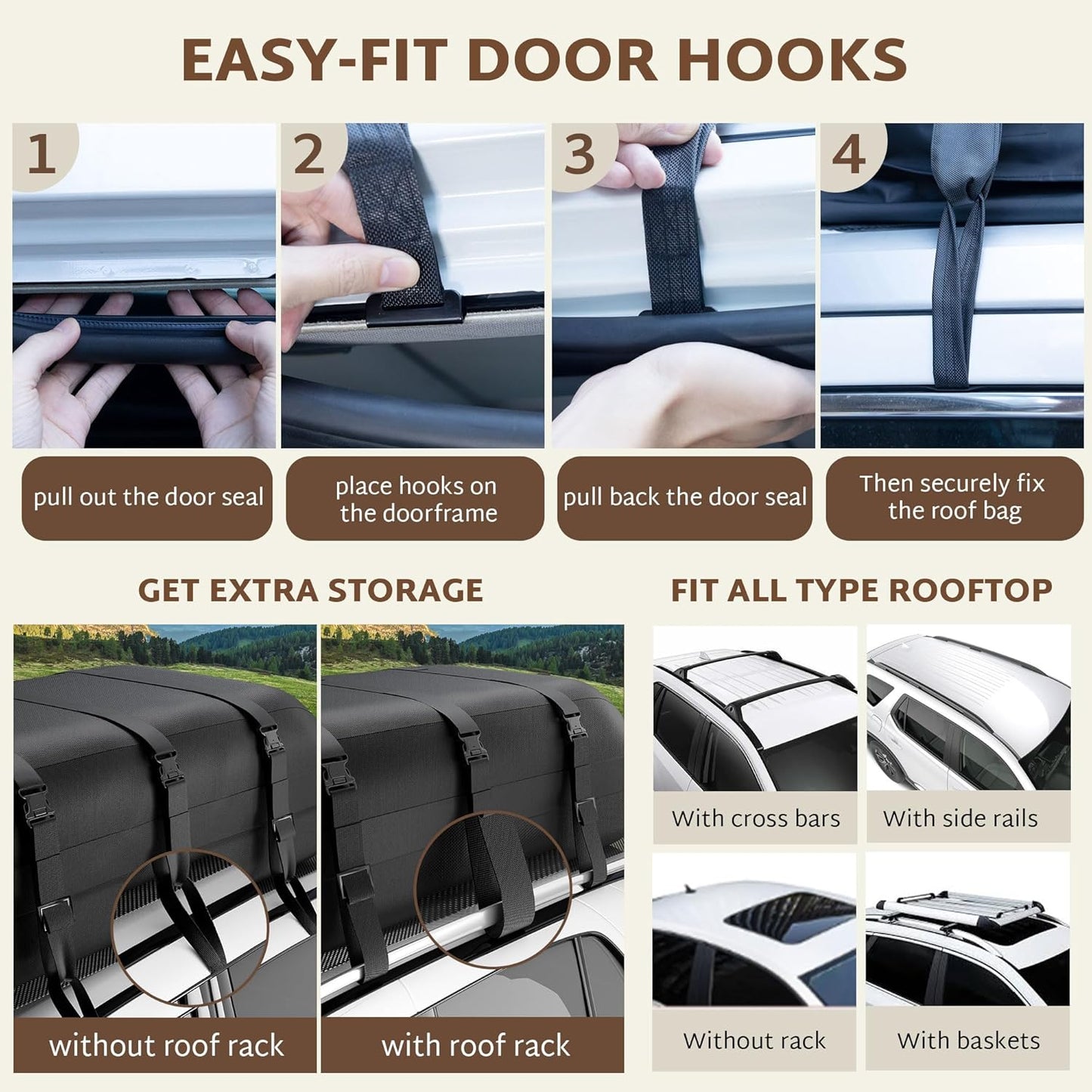 Rooftop Cargo Carrier 36 Cubic Feet Waterproof Soft Car Roof Rack Cargo Carrier Heavy Duty 1200D for All Cars