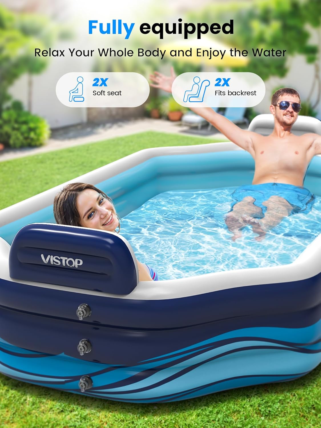 Inflatable Pool with Seats and Backrests, 120' X 69' X 17' Thickened Full-Sized Family Fun Swimming Pool for All Ages