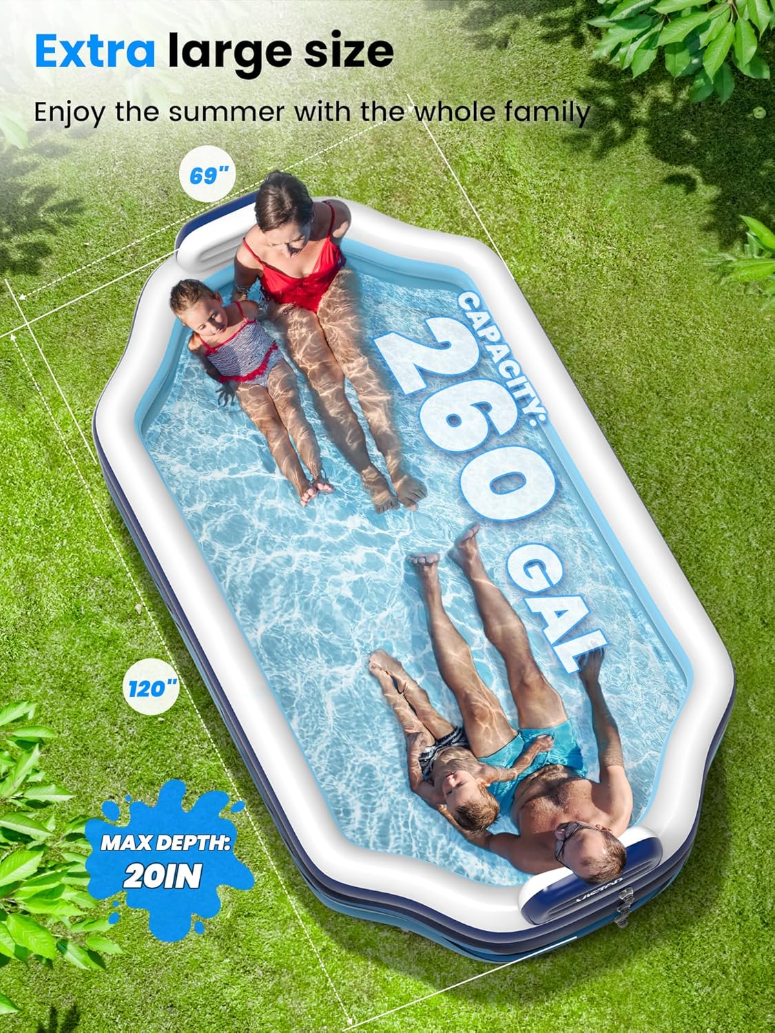 Inflatable Pool with Seats and Backrests, 120' X 69' X 17' Thickened Full-Sized Family Fun Swimming Pool for All Ages