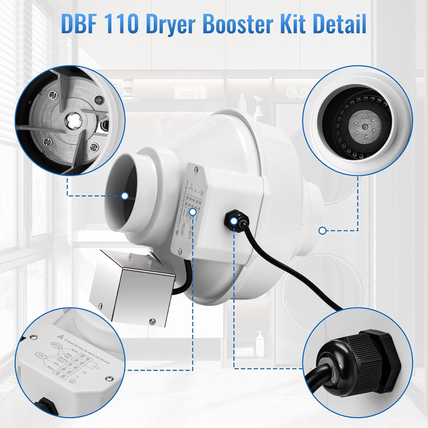 Dryer Vent Booster Fan 4 Inch, DBF 110 Dryer Vent Booster Kit Exhaust Fan with Plug Efficient, Quiet, and Easy to Install