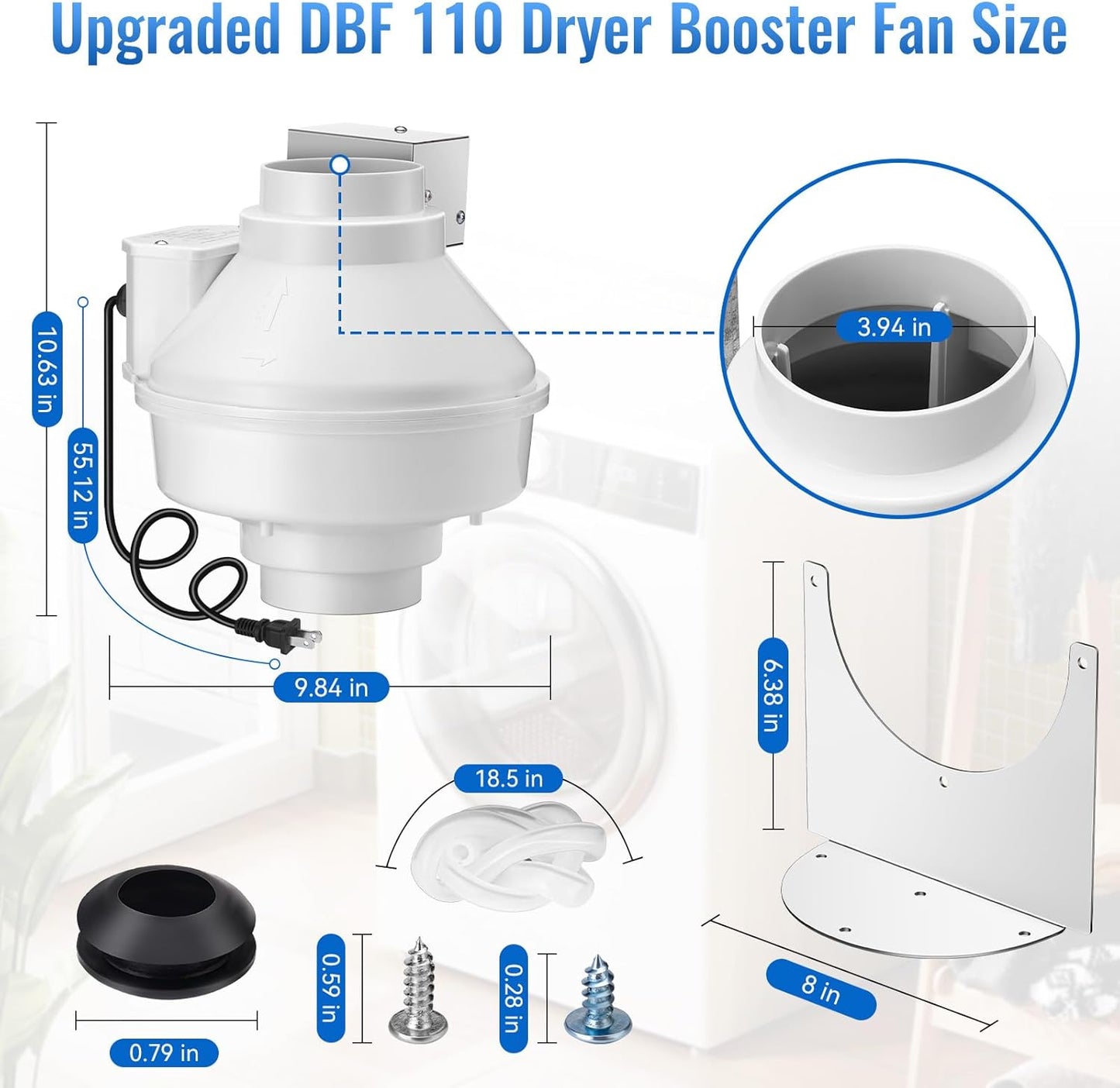 Dryer Vent Booster Fan 4 Inch, DBF 110 Dryer Vent Booster Kit Exhaust Fan with Plug Efficient, Quiet, and Easy to Install