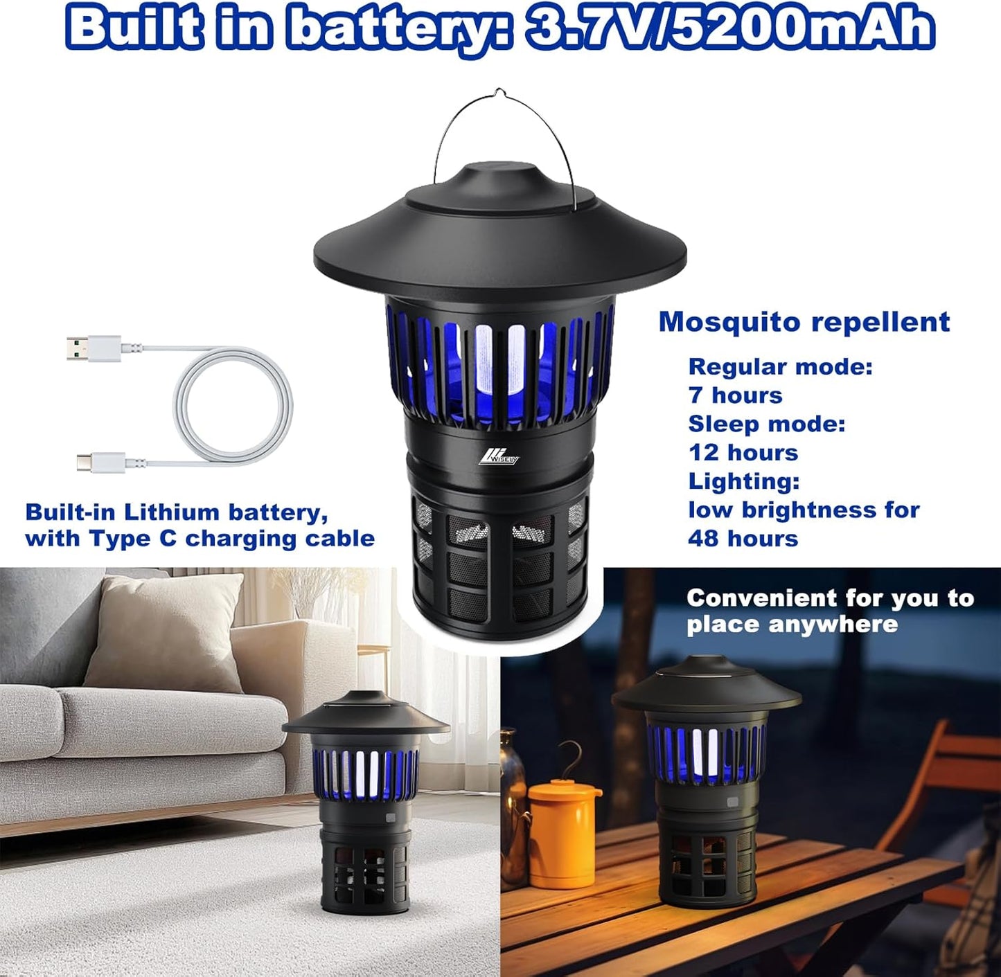 Wisely Fly Traps Outdoor - Portable Rechargeable Mosquito Zapper IPX4 Waterproof with LED Light Adjustable - Bug Zapper Kills Mosquitoes, Flies,