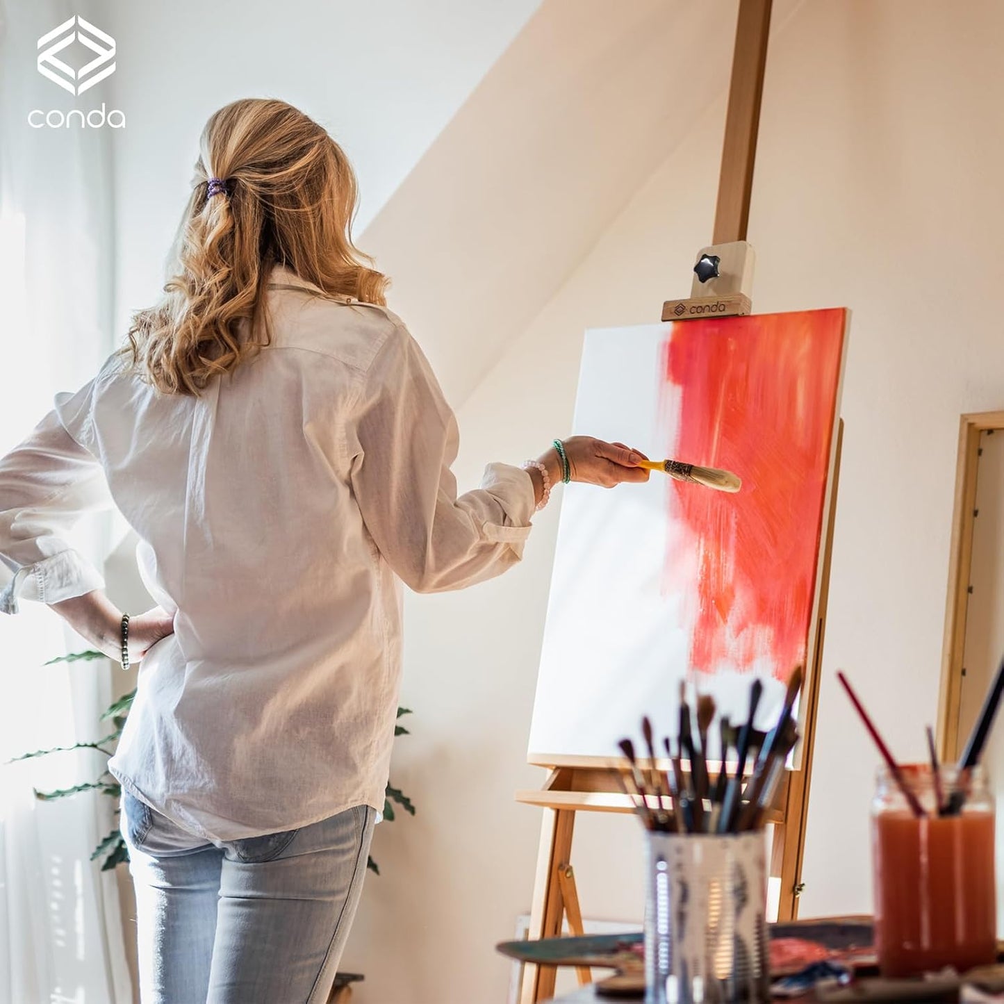 Large H-Frame Easel with Wheels, Premium Beech Wood Artist Easel, Adjustable/Tilt, Holds Canvases up to 48'