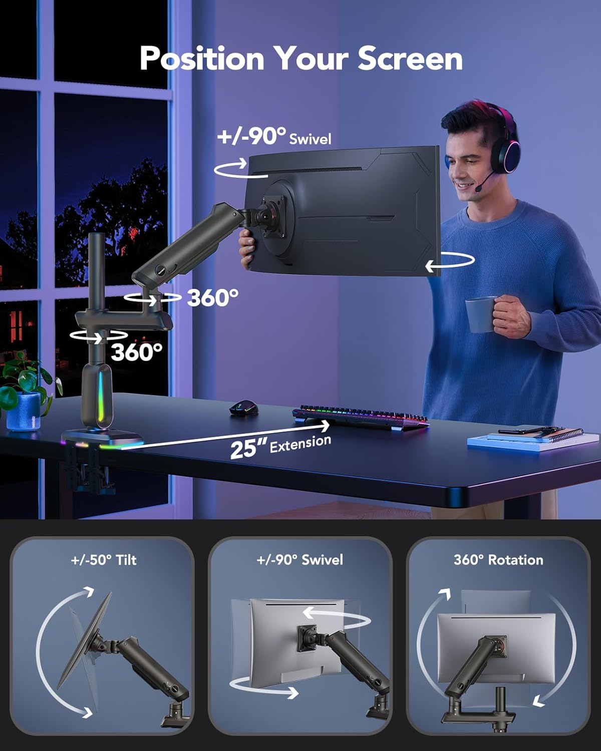 Heavy Duty Monitor Arm for Ultrawide Screens up to 57', Holds 44 lbs, Tall Ultrawide Monitor Stand with 29.1' Max