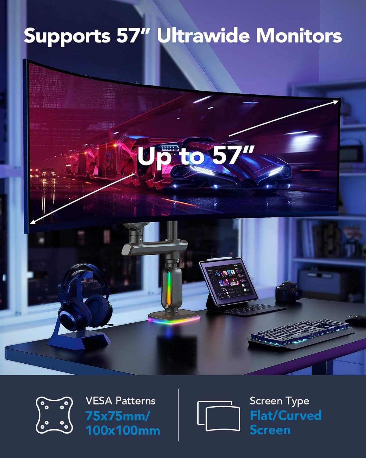 Heavy Duty Monitor Arm for Ultrawide Screens up to 57', Holds 44 lbs, Tall Ultrawide Monitor Stand with 29.1' Max