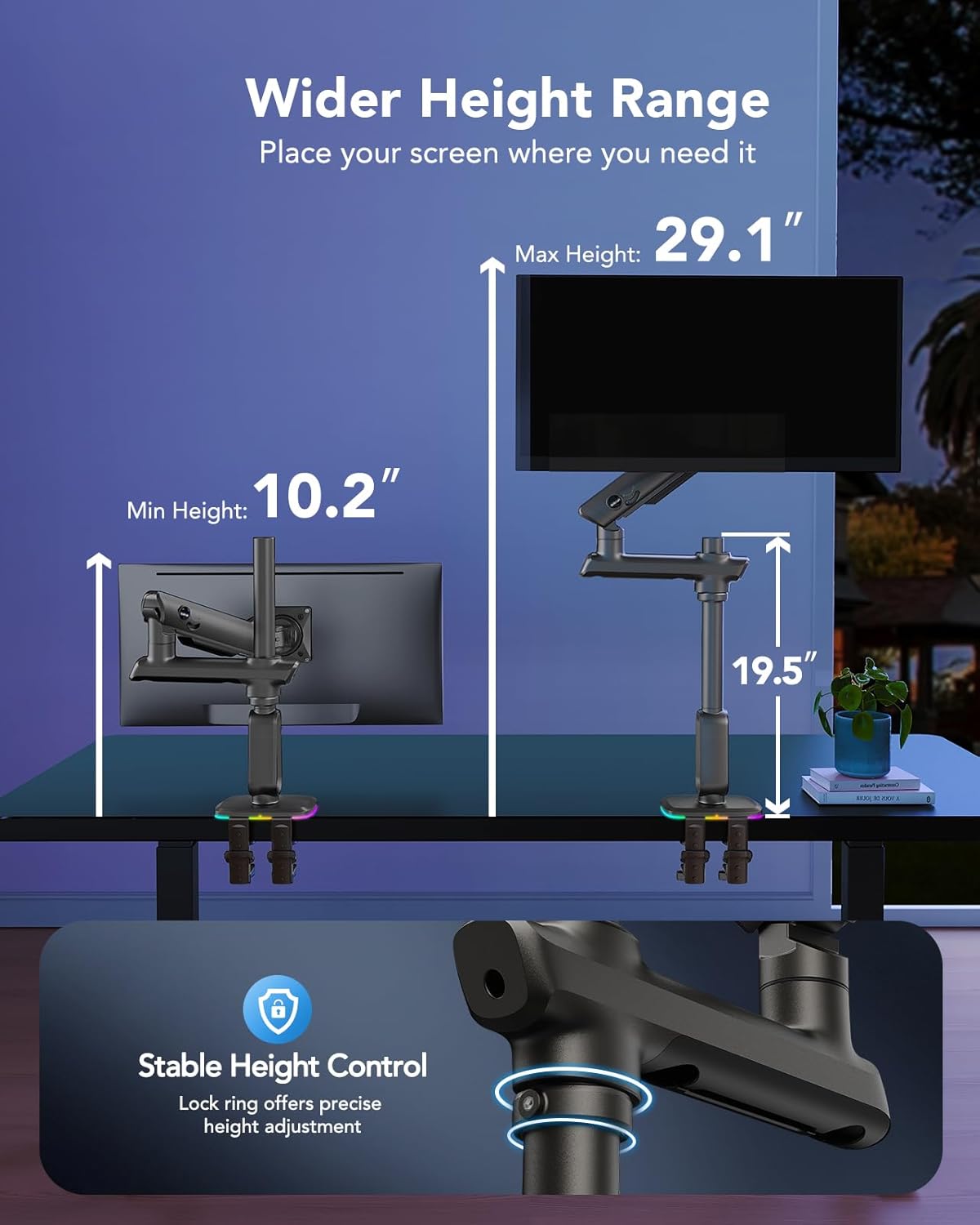 Heavy Duty Monitor Arm for Ultrawide Screens up to 57', Holds 44 lbs, Tall Ultrawide Monitor Stand with 29.1' Max