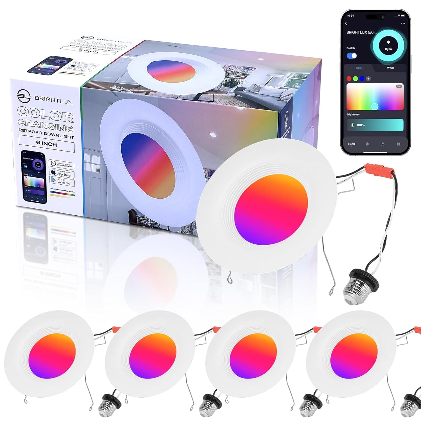 6 Pack Smart RGB TW Recessed Lighting 6 Inch Color Changing (2700K-6500K) 12W Downlight