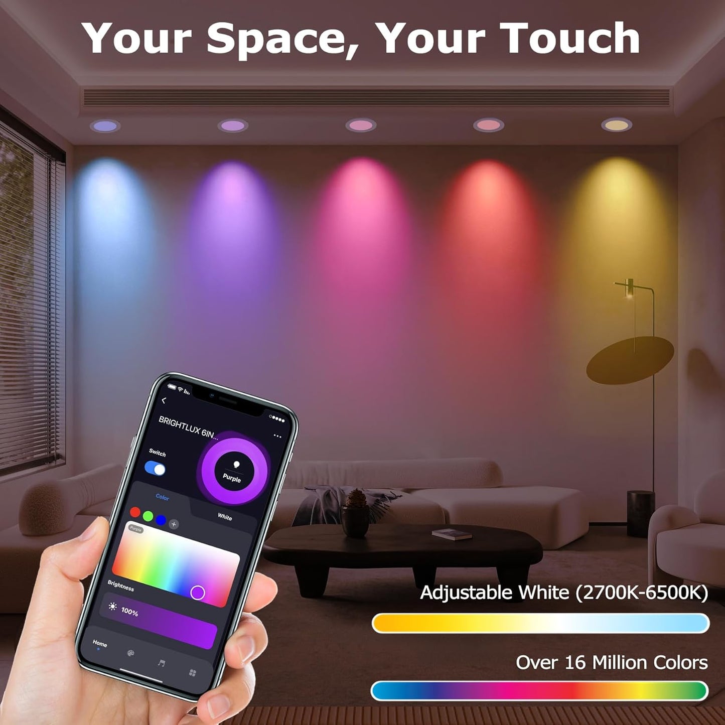 6 Pack Smart RGB TW Recessed Lighting 6 Inch Color Changing (2700K-6500K) 12W Downlight
